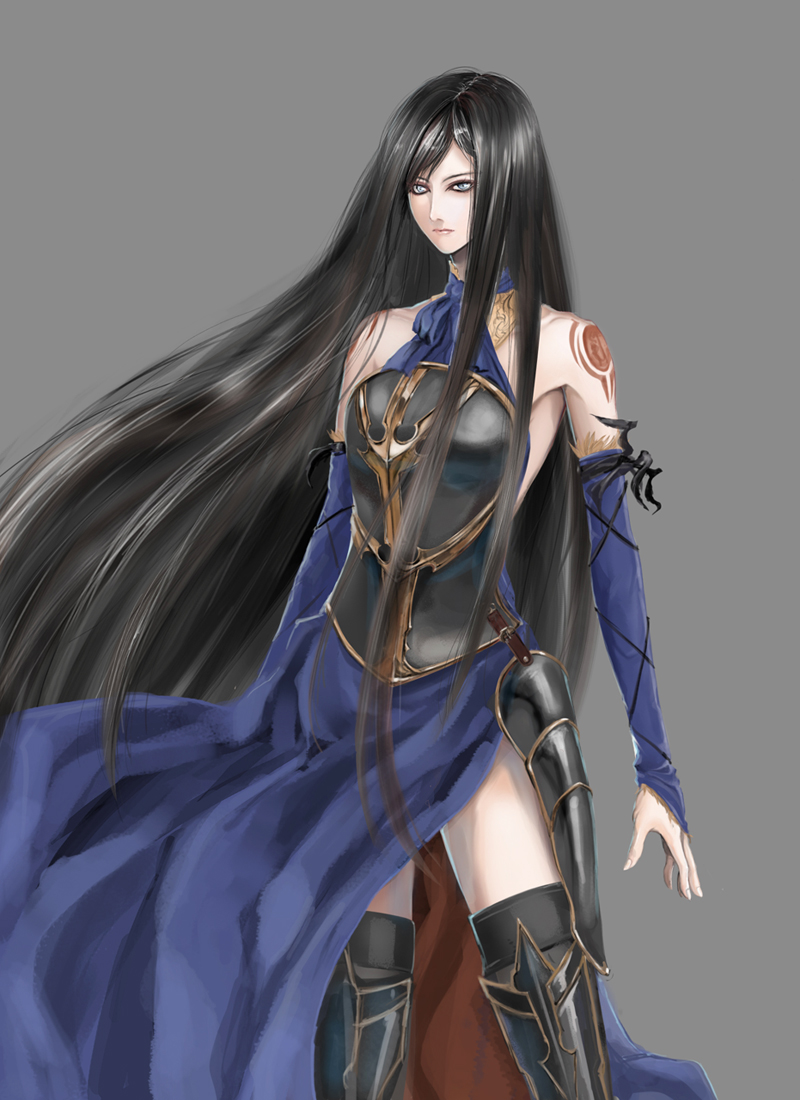 shanoa (castlevania), castlevania: order of ecclesia, castlevania (series), konami, 1girl, armor, bare shoulders, black hair, blue eyes, boots, dress, female focus, goth fashion, long hair, solo, tattoo, thigh boots, thighhighs, very long hair