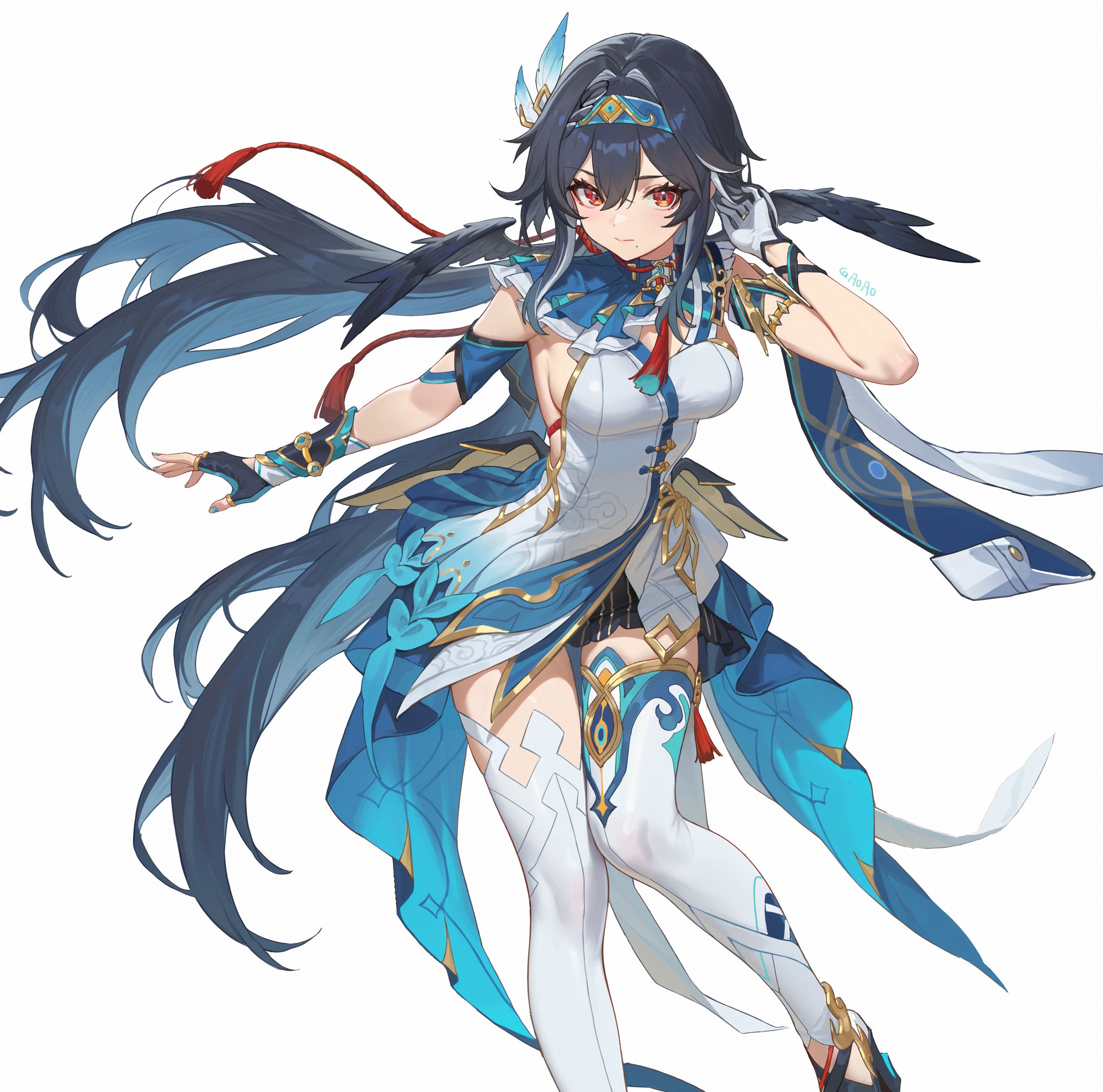 aoaoaoao (baiyanheibing), original, absurdres, commentary request, commission, highres, 1girl, artist name, asymmetrical gloves, asymmetrical legwear, black hair, breasts, closed mouth, expressionless, fingerless gloves, gloves, hair ornament, head wings, long hair, looking at viewer, medium breasts, mismatched gloves, mismatched legwear, mole, mole under mouth, red eyes, sideboob, simple background, solo, tassel, thighhighs, very long hair, white background, white thighhighs, wings
