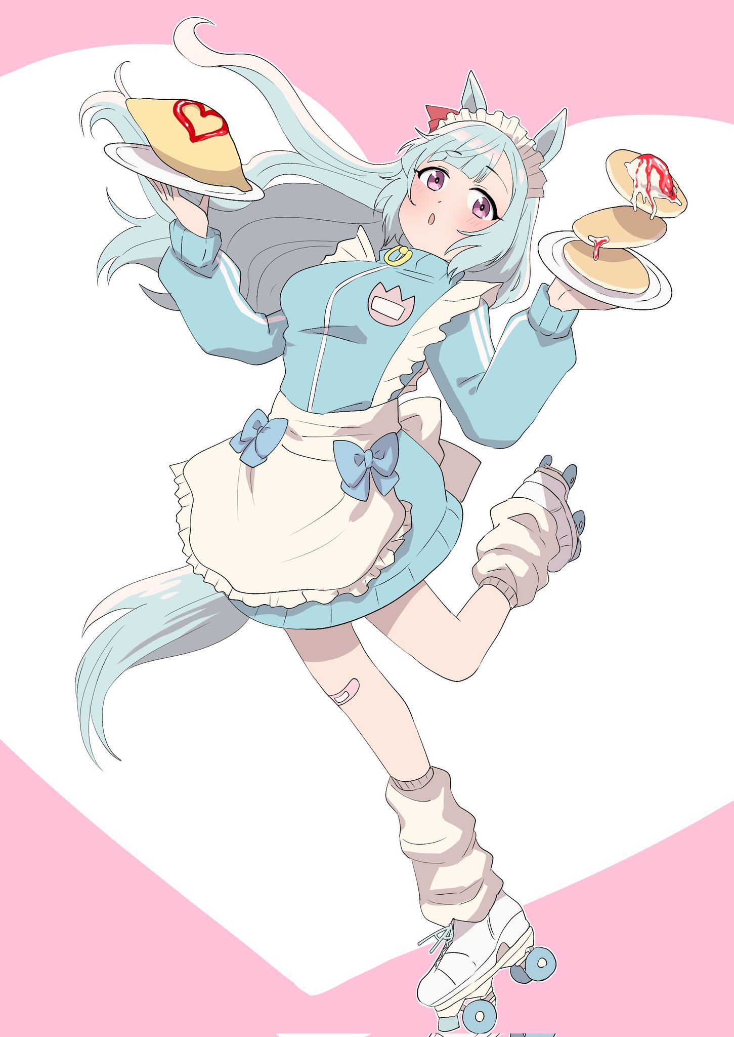nitsutomeo shinobu, mejiro ardan (umamusume), umamusume, highres, 1girl, animal ears, apron, bandaid, bandaid on leg, blue hair, blue jacket, blue track suit, blush, bow, breasts, ear bow, ear ornament, ear ribbon, food, frilled apron, frills, heart, holding, holding plate, horse ears, horse girl, horse tail, jacket, jersey maid, large breasts, leg warmers, long hair, long sleeves, looking at viewer, loose socks, maid, maid apron, maid headdress, omelet, omurice, open mouth, pancake, pancake stack, plate, purple eyes, roller skates, simple background, skates, socks, solo, syrup, tail, track jacket, track suit, turtleneck, turtleneck jacket, unconventional maid, waist apron, waitress, whipped cream, white apron, white leg warmers, white socks