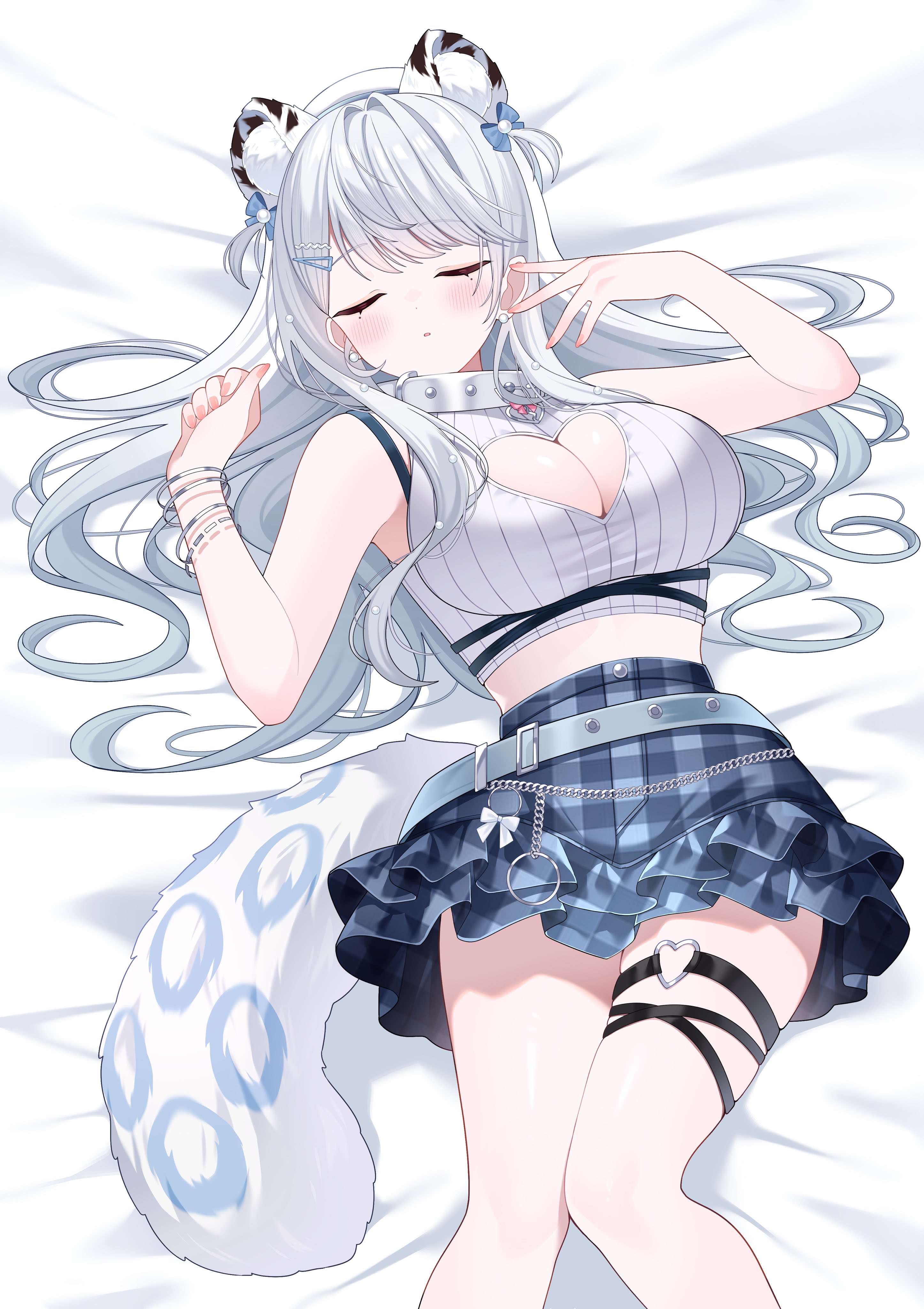 ren kohaku (vtuber), indie virtual youtuber, absurdres, artist request, highres, second-party source, 1girl, armpits, bangle, bare arms, bare shoulders, bed sheet, belt, blue skirt, bra strap, bracelet, breasts, cleavage, cleavage cutout, closed eyes, clothing cutout, collar, crop top, extra ears, facing viewer, hair ornament, hair spread out, hairclip, hands up, hat, heart, heart cutout, heart o-ring, high-waist skirt, jewelry, large breasts, long hair, loose belt, lying, midriff, miniskirt, mole, mole under eye, o-ring, on back, parted lips, plaid clothes, plaid skirt, ribbed shirt, shirt, skirt, sleeveless, sleeveless shirt, snow leopard ears, snow leopard girl, snow leopard tail, solo, thigh strap, thighs, virtual youtuber, white collar, white hair, white hat, white shirt