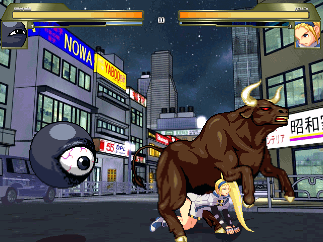 kuromaru (mugen), millia rage, arc system works, guilty gear, m.u.g.e.n, screencap, animated, animated gif, 1girl, bestiality, blonde hair, bull, city, doggystyle, health bar, interspecies, long hair, night, outdoors, pixel art, road, sex, sex from behind, street, very long hair