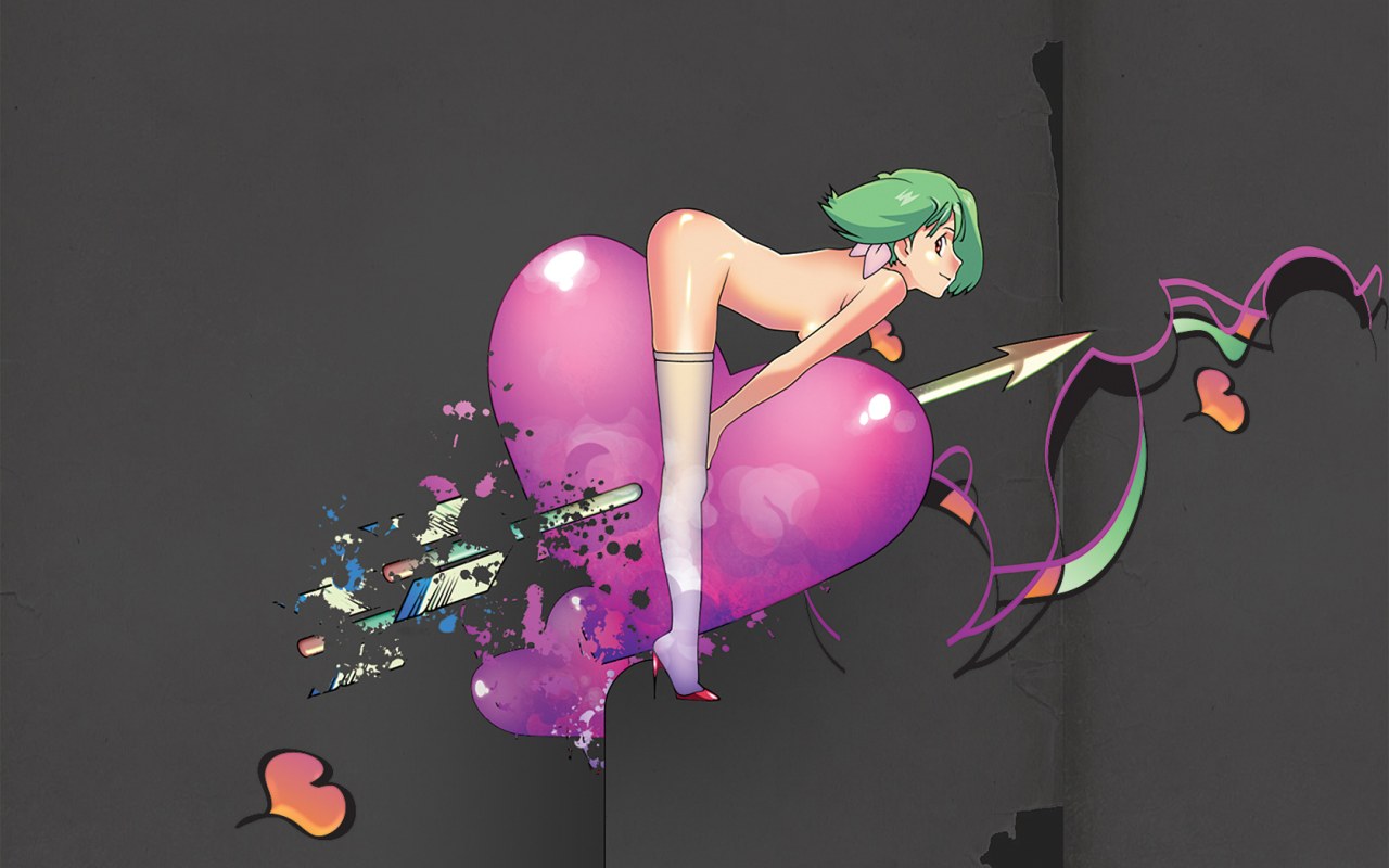 ranka lee, macross, macross frontier, 00s, arrow (projectile), green hair, heart, high heels, nude, shoes, short hair, thighhighs