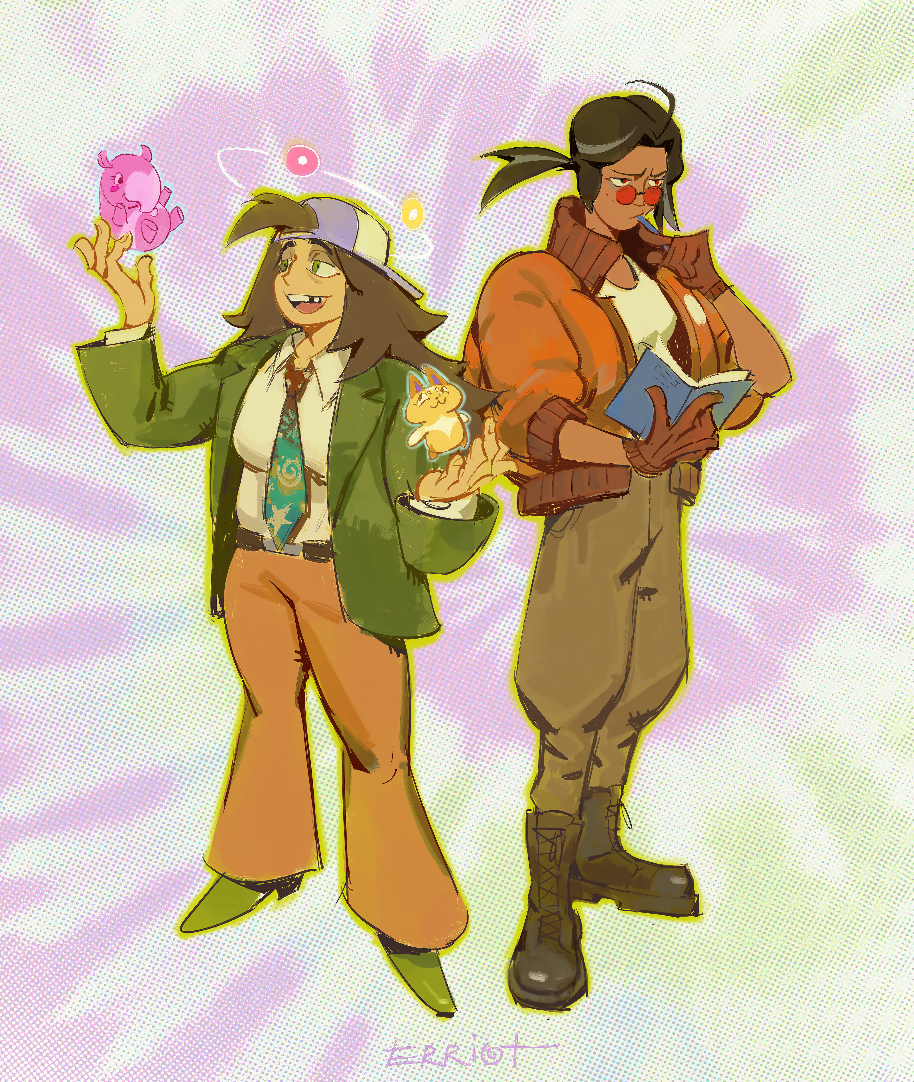 andrea (knights of guinevere), francesca (knights of guinevere), harry du bois, kim kitsuragi, disco elysium, knights of guinevere, absurdres, highres, 2girls, artist name, backwards hat, belt, black hair, bomber jacket, book, boots, brown gloves, brown hair, brown pants, cosplay, dark-skinned female, dark skin, dizzy, erriot, gloves, green jacket, green shoes, harry du bois (cosplay), hat, jacket, kim kitsuragi (cosplay), long hair, long sleeves, missing tooth, multiple girls, necktie, open book, orange jacket, pants, pen, shirt, shoes, standing, tinted eyewear, white shirt