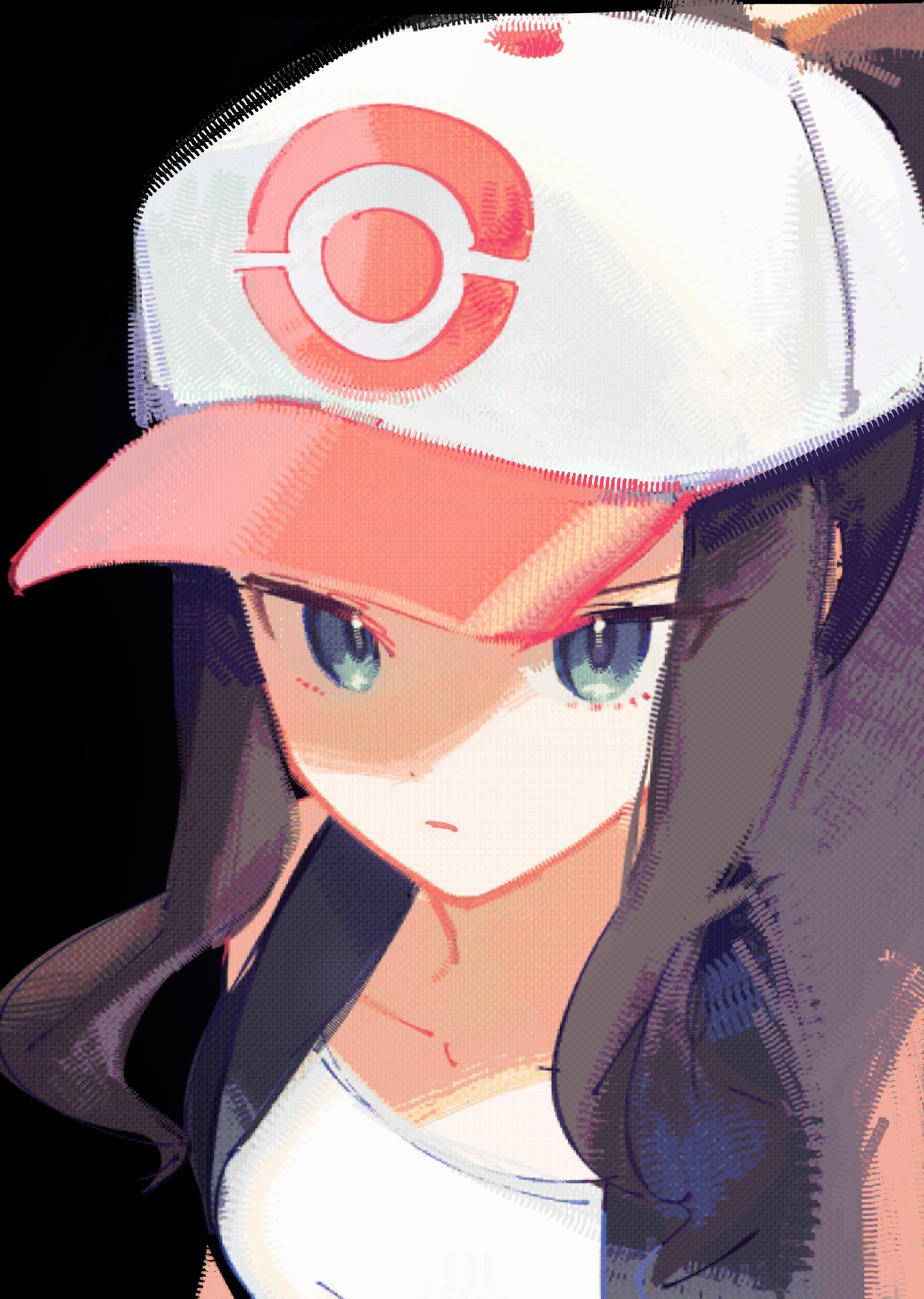 ebi (shrimp eleven), hilda (pokemon), nintendo, pokemon, pokemon bw, highres, 1girl, baseball cap, black background, black vest, blue eyes, breasts, brown hair, closed mouth, collarbone, hat, high ponytail, long hair, looking at viewer, open clothes, open vest, ponytail, shirt, sidelocks, simple background, solo, upper body, vest, white shirt