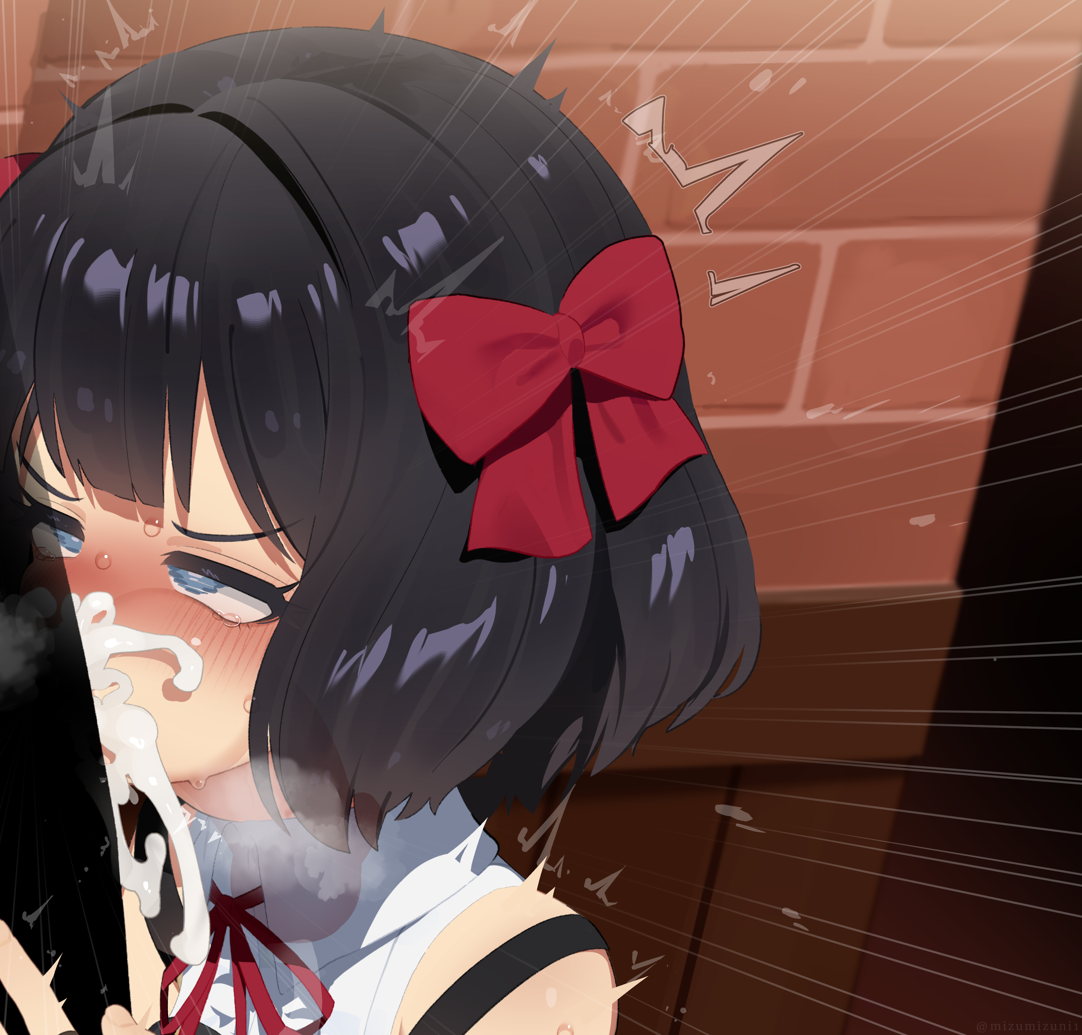 mizumizuni, tino shade, nageki no bourei wa intaishitai, absurdres, commentary request, highres, 1boy, 1girl, black hair, blue eyes, blush, bow, cum, cum in mouth, cum overflow, deepthroat, fellatio, hair bow, heart, heart-shaped pupils, hetero, oral, penis, red bow, short hair, solo focus, sweat, symbol-shaped pupils, upper body