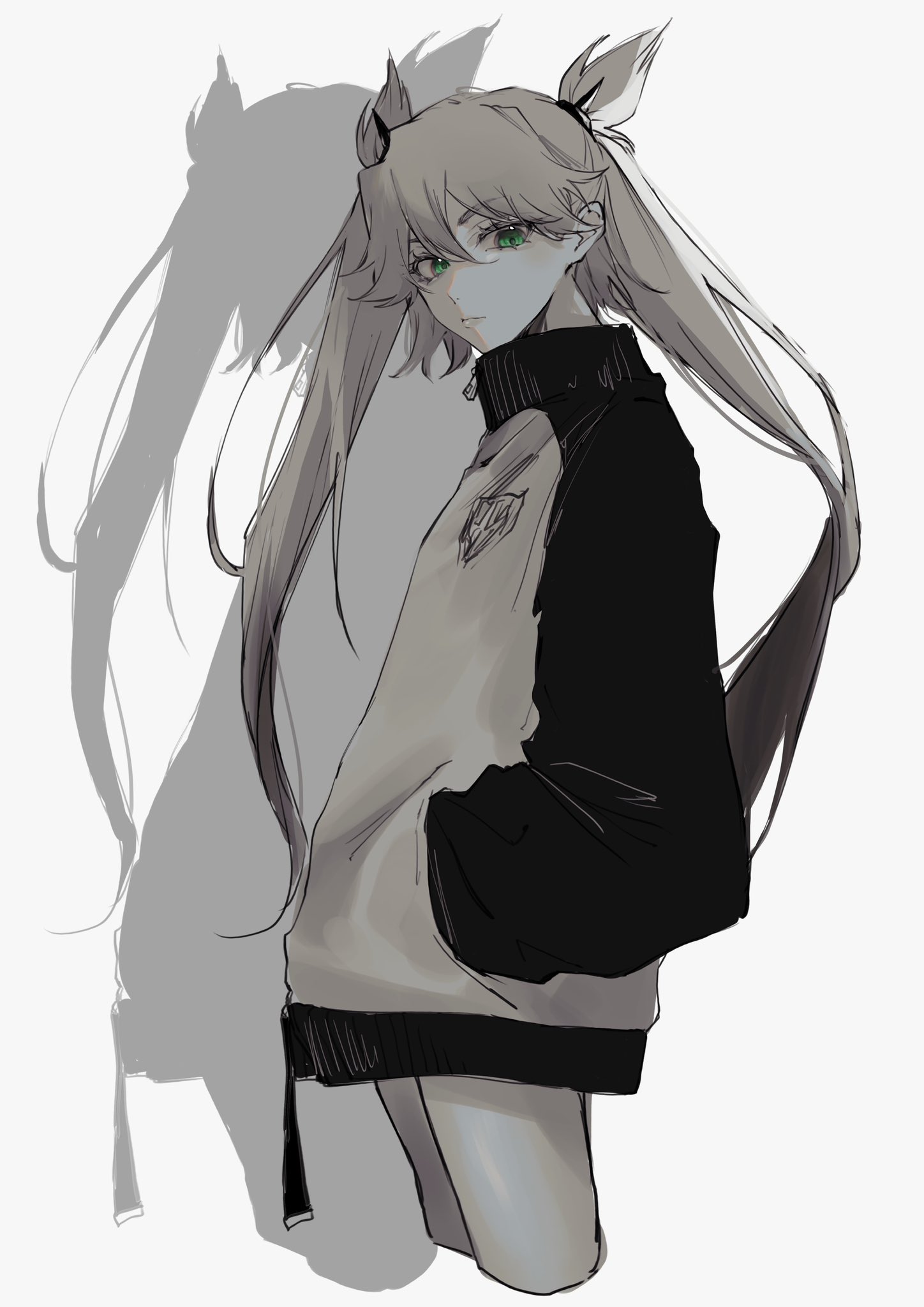 ui 1231, ninny spangcole, burn the witch, highres, 1girl, closed mouth, female focus, flat chest, green eyes, hands in pockets, jacket, long hair, shadow, simple background, solo, solo focus, standing, twintails, white background