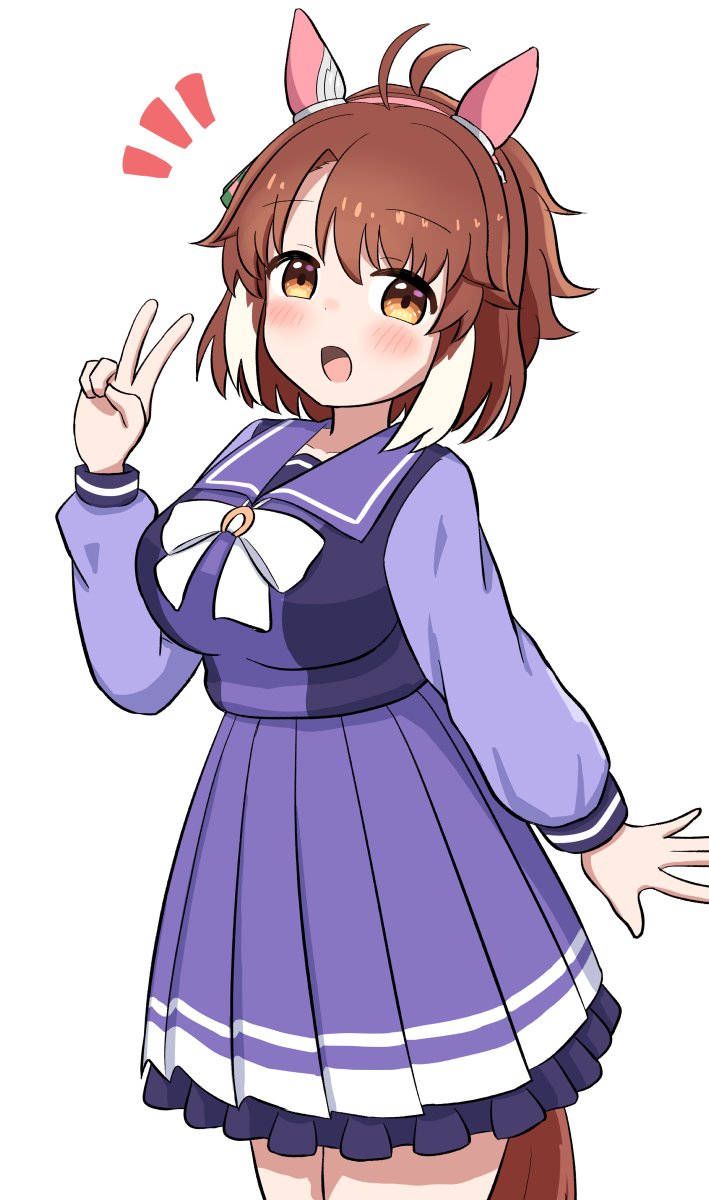 shein, dantsu flame (umamusume), umamusume, highres, 1girl, ahoge, animal ears, blush, bow, breasts, brown eyes, brown hair, ear covers, ear ornament, ear ribbon, hair between eyes, hair ornament, hairband, horse ears, horse girl, horse tail, large breasts, long sleeves, looking at viewer, multicolored hair, open mouth, pink hairband, purple sailor collar, purple serafuku, purple shirt, purple skirt, sailor collar, sailor shirt, school uniform, serafuku, shirt, short hair, simple background, skirt, smile, solo, tail, tracen school uniform, v, white background, white bow, white hair