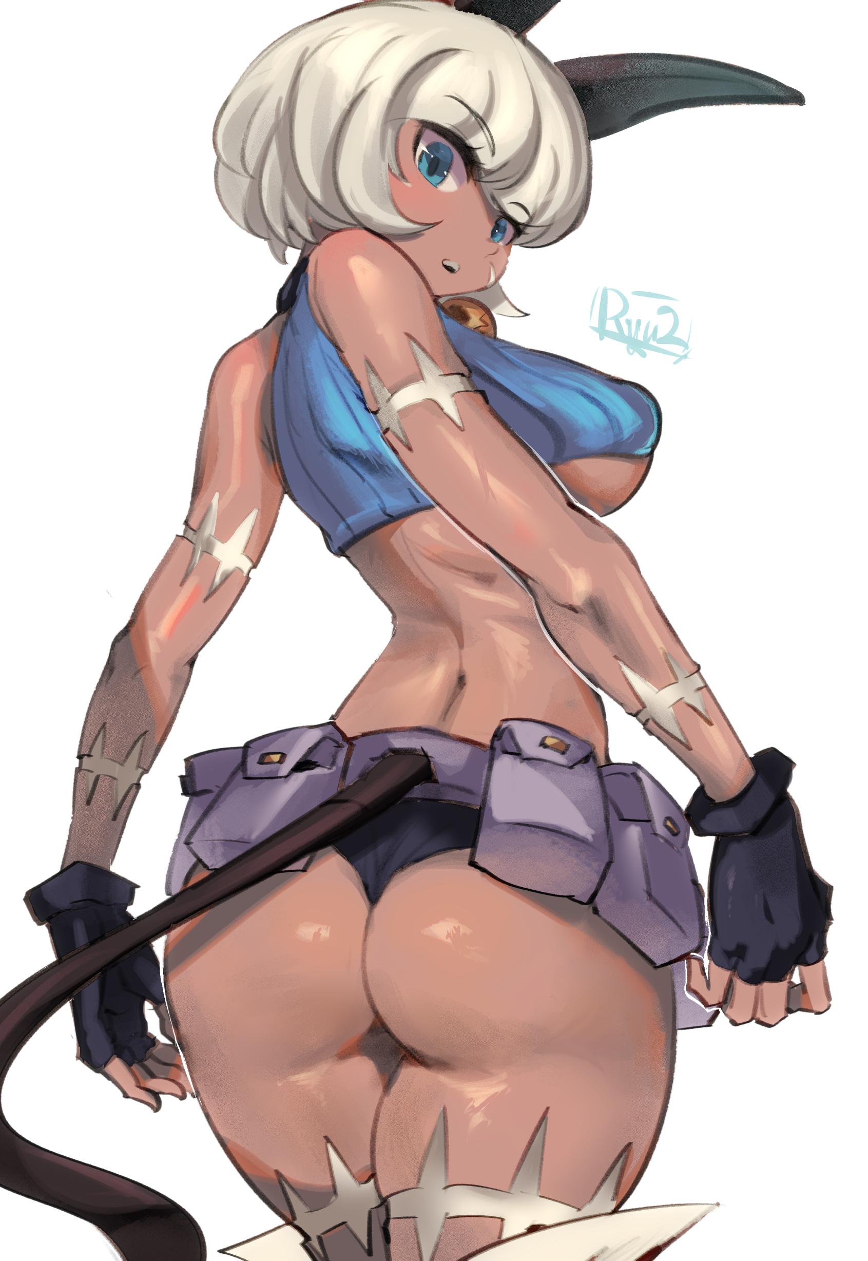 ryuji (red-truth), ms. fortune (skullgirls), skullgirls, 1girl, belt, belt pouch, blue eyes, blush, bob cut, breasts, cat girl, collar, covered erect nipples, crop top, dark-skinned female, dark skin, fingerless gloves, from behind, gloves, large breasts, looking at viewer, looking back, neck bell, open mouth, pouch, scar, solo, sports bikini, thick thighs, thighs, underboob, white hair