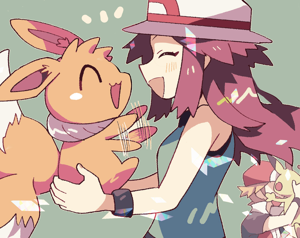 anidler91, eevee, leaf (pokemon), pikachu, red (pokemon), nintendo, pokemon, pokemon frlg, 1boy, 1girl, baseball cap, blue shirt, blush, breasts, brown fur, brown hair, closed eyes, gen 1 pokemon, hat, holding, holding pokemon, jacket, long hair, open mouth, pokemon (creature), porkpie hat, red hat, shirt, short hair, short sleeves, simple background, sleeveless, sleeveless shirt, smile, spiked hair, upper body, white hat, wristband