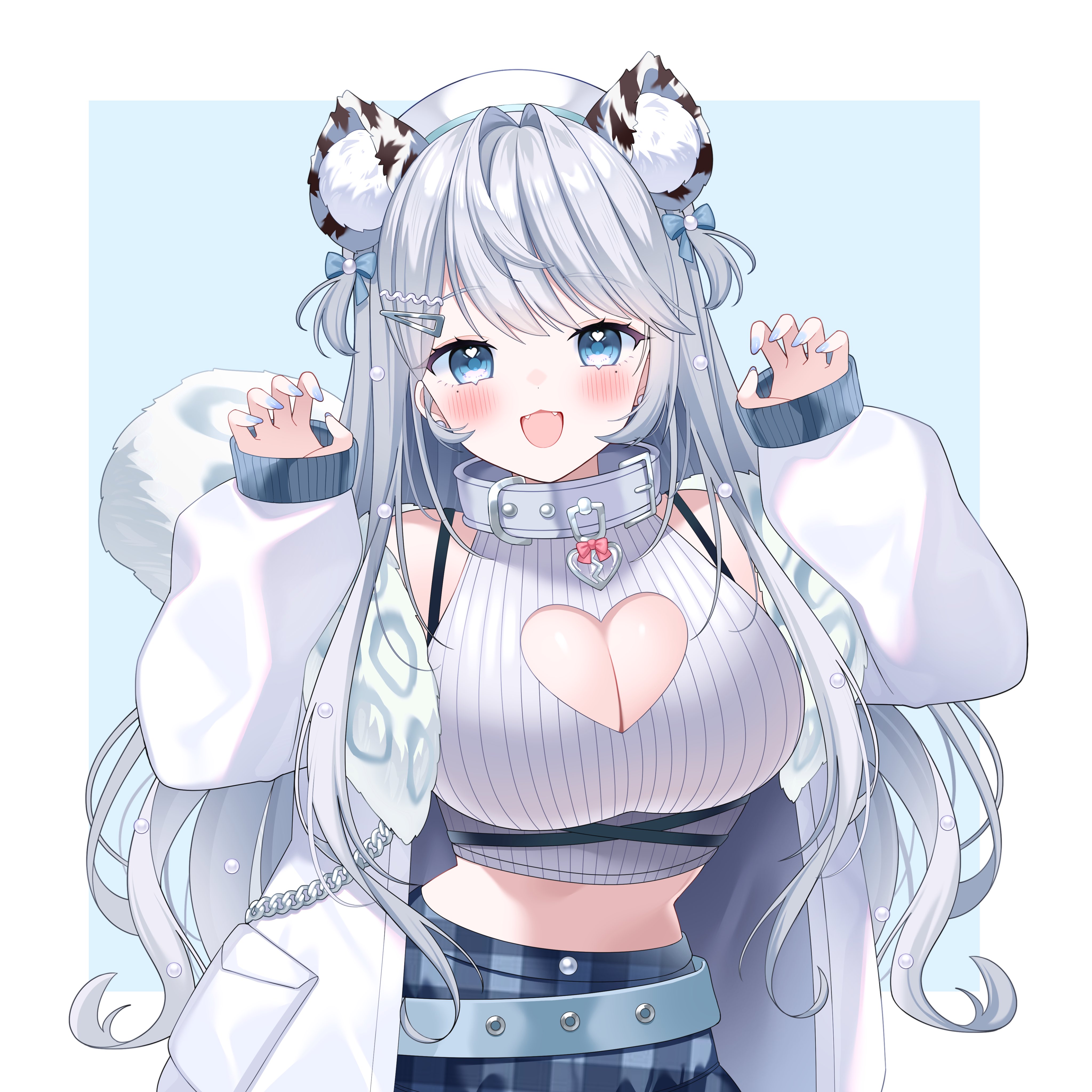 dodosako, ren kohaku (vtuber), indie virtual youtuber, absurdres, artist request, check artist, highres, second-party source, 1girl, bare shoulders, belt, blue background, blue eyes, blue nails, blue skirt, blush, bra strap, breasts, claw pose, cleavage, cleavage cutout, clothing cutout, collar, crop top, extra ears, fangs, fur trim, hair ornament, hairclip, hands up, hat, heart, heart cutout, heart in eye, jacket, large breasts, long hair, long sleeves, looking at viewer, loose belt, midriff, mole, mole under eye, nail polish, off shoulder, open clothes, open jacket, open mouth, plaid clothes, plaid skirt, puffy long sleeves, puffy sleeves, shirt, skirt, sleeveless, sleeveless shirt, smile, snow leopard ears, snow leopard girl, snow leopard tail, solo, symbol in eye, two-tone background, two side up, upper body, very long hair, virtual youtuber, white collar, white hair, white hat, white jacket, white shirt