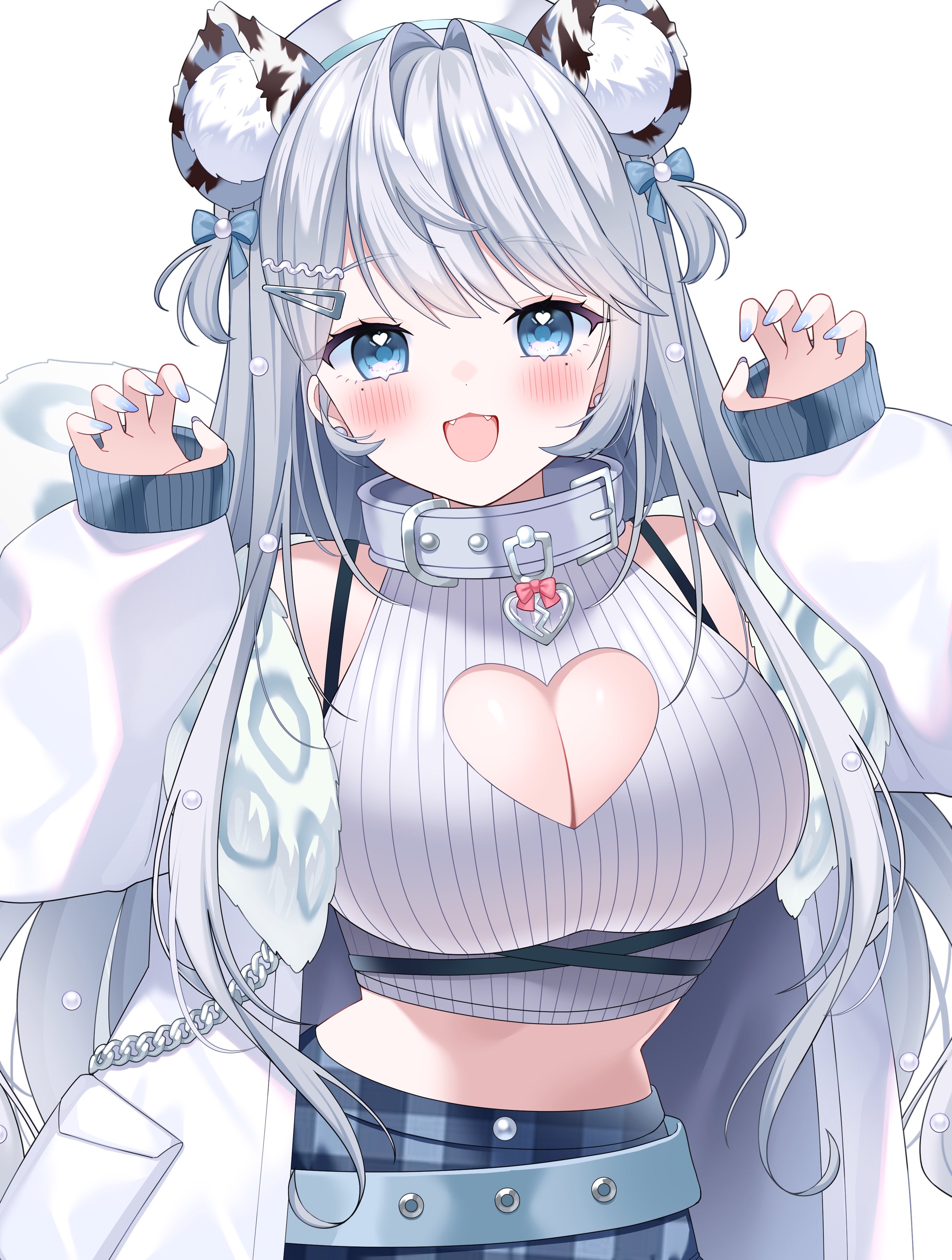 dodosako, ren kohaku (vtuber), indie virtual youtuber, absurdres, artist request, check artist, highres, second-party source, 1girl, bare shoulders, belt, blue eyes, blue nails, blue skirt, blush, bra strap, breasts, claw pose, cleavage, cleavage cutout, clothing cutout, collar, crop top, extra ears, fangs, fur trim, hair ornament, hairclip, hands up, hat, heart, heart cutout, heart in eye, jacket, large breasts, long hair, long sleeves, looking at viewer, loose belt, midriff, mole, mole under eye, nail polish, off shoulder, open clothes, open jacket, open mouth, plaid clothes, plaid skirt, puffy long sleeves, puffy sleeves, shirt, simple background, skirt, sleeveless, sleeveless shirt, smile, snow leopard ears, solo, symbol in eye, two side up, upper body, very long hair, virtual youtuber, white background, white collar, white hair, white hat, white jacket, white shirt