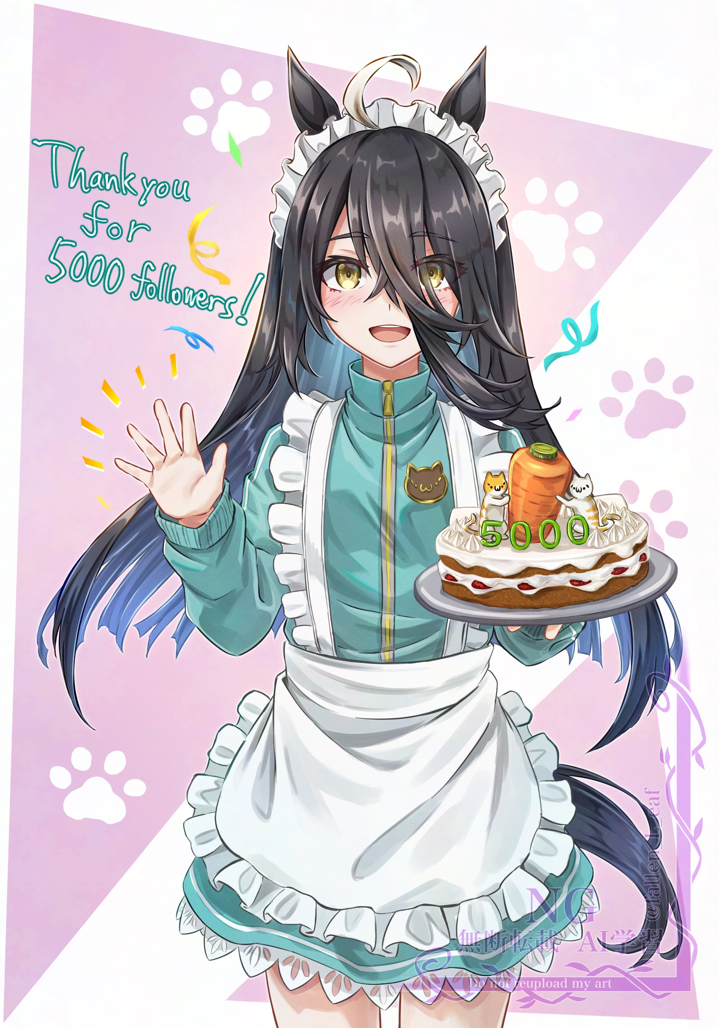 gentiano815, manhattan cafe (umamusume), umamusume, absurdres, highres, 1girl, ahoge, alternate costume, animal ears, apron, black hair, blue jacket, blue skirt, blue track suit, blush, cake, carrot, cat, cowboy shot, food, frilled apron, frills, hair between eyes, holding, holding plate, horse ears, horse girl, horse tail, jacket, jersey maid, long bangs, long hair, long hair between eyes, long sleeves, looking at viewer, maid, maid apron, maid headdress, multicolored hair, open mouth, plate, skirt, smile, solo, tail, track jacket, track suit, unconventional maid, waist apron, white apron, white hair, yellow eyes