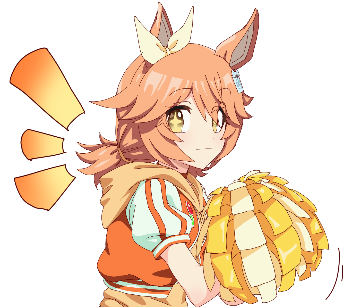 kuman bachi, matikanefukukitaru (umamusume), umamusume, + +, 1girl, alternate costume, animal ears, blush, bow, cheerleader, closed mouth, cropped jacket, ear bow, ear ornament, hair between eyes, hair ornament, holding, holding pom poms, hood, hood down, hoodie, horse ears, horse girl, jacket, looking at viewer, orange hair, orange hoodie, orange jacket, pom pom (cheerleading), pom poms, puffy short sleeves, puffy sleeves, short hair, short sleeves, simple background, solo, upper body, white background