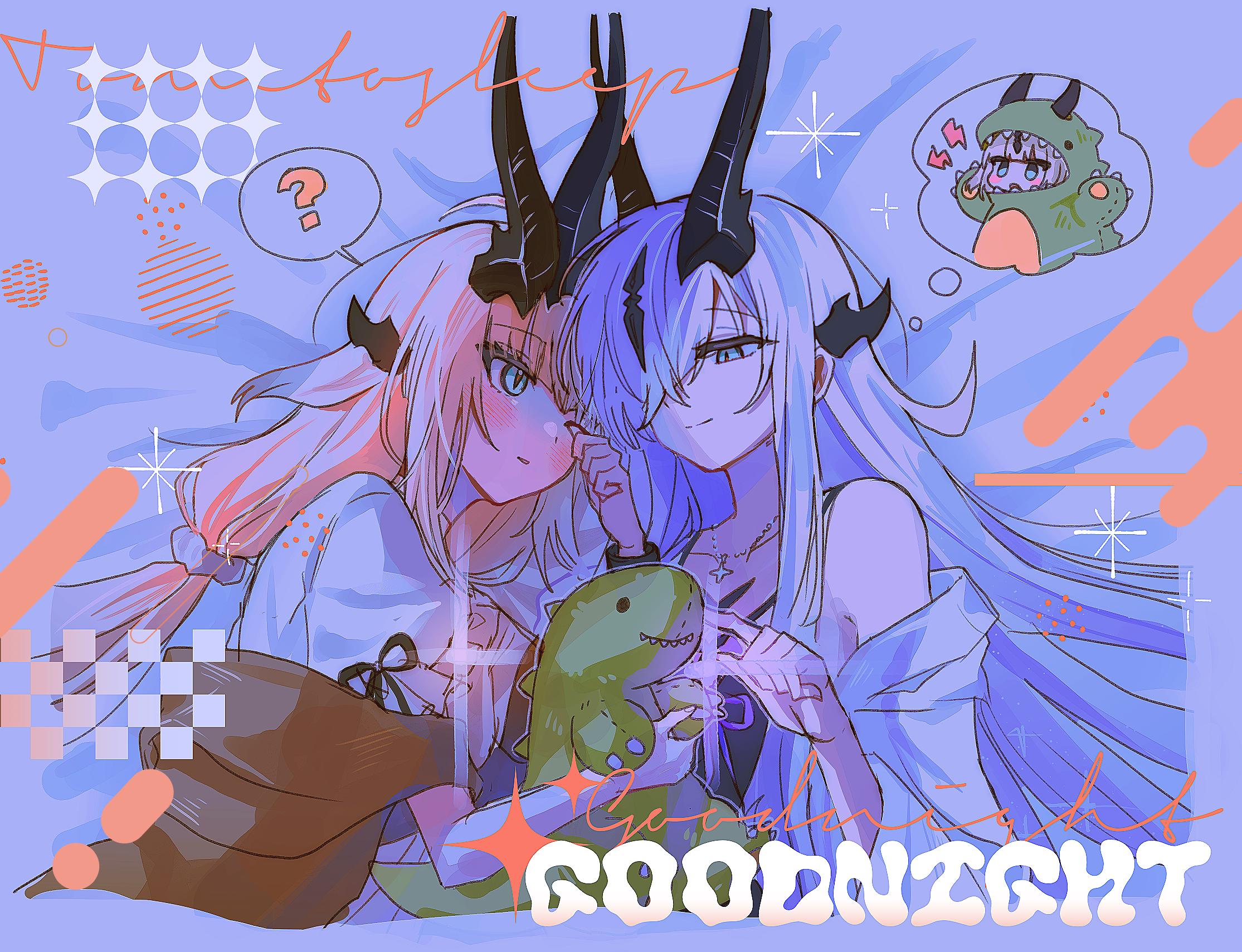 ppxdq, necrass (arknights), reed (arknights), arknights, chinese commentary, commentary request, highres, 2girls, ?, bare shoulders, black horns, blue eyes, blush, chibi, closed mouth, hair over one eye, heads together, horns, lightning bolt symbol, long hair, lying, multiple girls, off shoulder, on bed, one eye closed, one eye covered, orange hair, parted lips, rubbing eyes, shirt, siblings, sisters, sleeping together, smile, sparkle, speech bubble, spoken question mark, stuffed dinosaur, thought bubble, upper body, white hair, white shirt