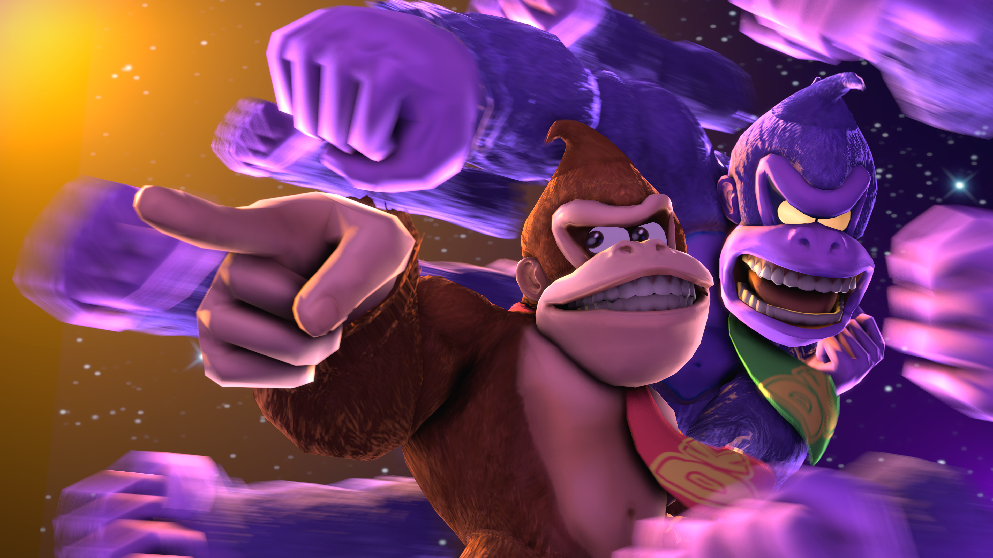 reckoman, donkey kong, donkey kong (series), jojo no kimyou na bouken, nintendo, stardust crusaders, vinesauce, absurdres, commentary, english commentary, highres, 2boys, 3d, afterimage, alternate color, angry, black eyes, body fur, brown fur, clenched hand, fingernails, glowing, glowing eyes, gorilla, gradient background, green necktie, looking to the side, multiple boys, navel, necktie, no nipples, no pupils, nostrils, open mouth, pointing, punching, purple background, purple fur, red necktie, smile, space, stand (jojo), star (sky), v-shaped eyebrows, yellow background, yellow eyes