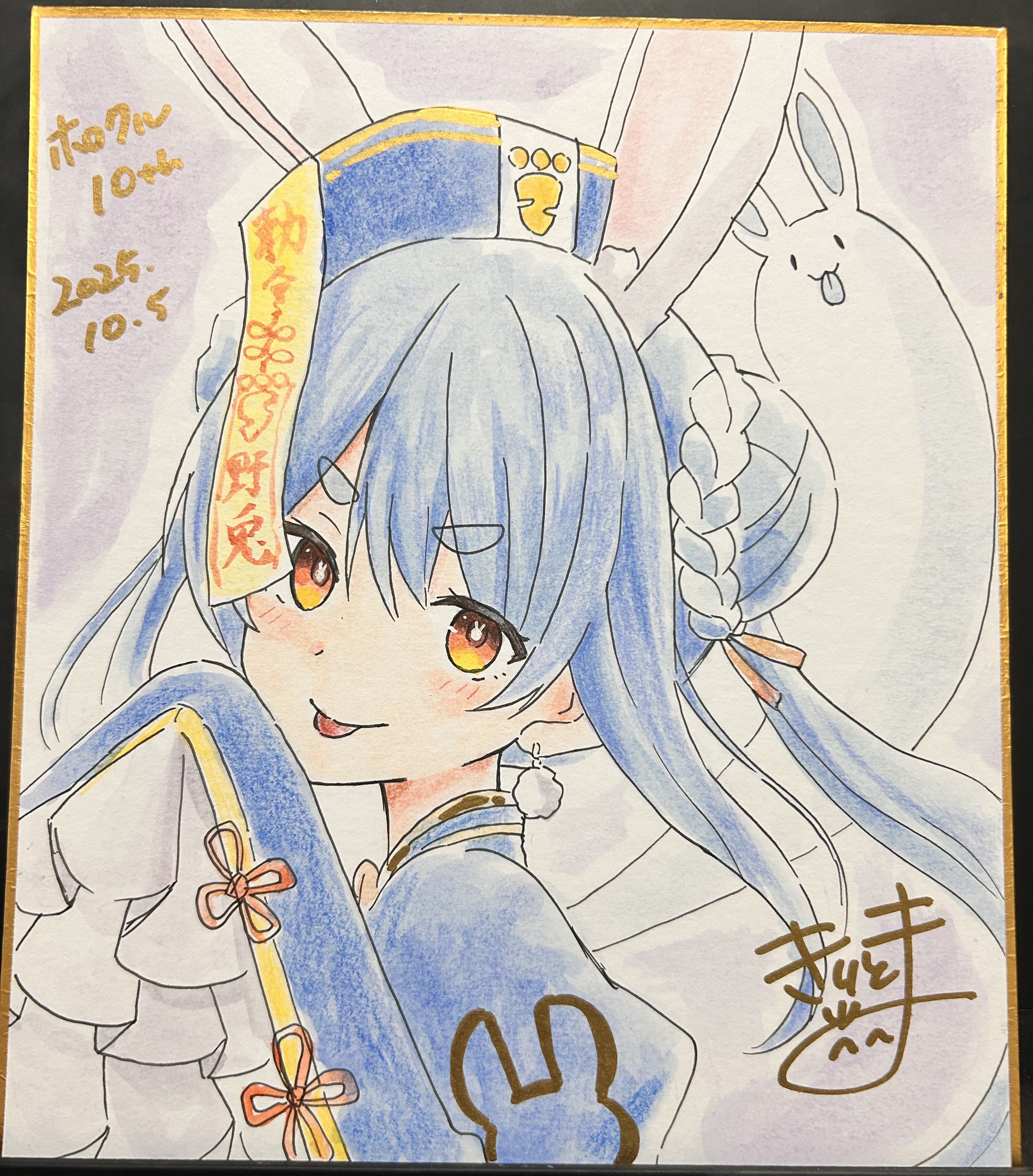 kiritoma, don-chan (usada pekora), usada pekora, usada pekora (jiangshi), hololive, absurdres, highres, photo (medium), traditional media, 1girl, :p, animal ear fluff, animal ears, blue dress, blue hair, blue hat, braid, double bun, dress, from side, hair between eyes, hair bun, hat, juliet sleeves, long sleeves, looking at viewer, looking to the side, mini hat, multicolored hair, ofuda, puffy sleeves, rabbit-shaped pupils, rabbit ears, red eyes, shikishi, short eyebrows, sleeves past fingers, sleeves past wrists, solo, symbol-shaped pupils, thick eyebrows, tongue, tongue out, twintails, two-tone hair, upper body, virtual youtuber, white hair
