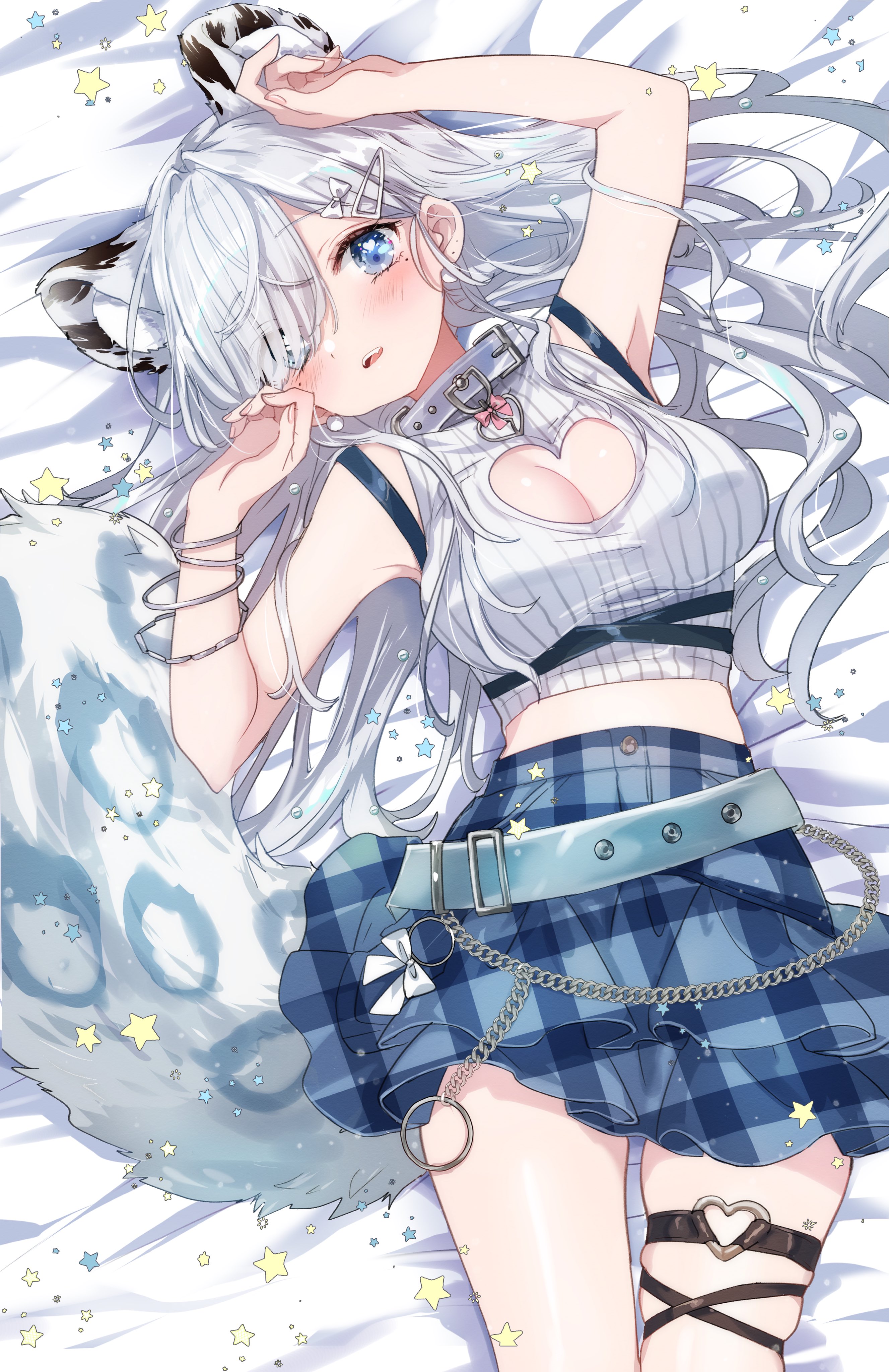 kklloo1, ren kohaku (vtuber), indie virtual youtuber, absurdres, highres, second-party source, 1girl, arm up, armpits, bangle, bare arms, bare shoulders, bed sheet, belt, blue eyes, blue skirt, bra strap, bracelet, breasts, cleavage, cleavage cutout, clothing cutout, collar, crop top, extra ears, eyes visible through hair, fang, hair ornament, hair spread out, hairclip, hand up, heart, heart cutout, heart o-ring, high-waist skirt, jewelry, large breasts, long hair, looking at viewer, loose belt, lying, midriff, mole, mole under eye, o-ring, on back, open mouth, plaid clothes, plaid skirt, ribbed shirt, shirt, skindentation, skirt, sleeveless, sleeveless shirt, snow leopard ears, snow leopard girl, snow leopard tail, solo, thigh strap, thighs, unmoving pattern, virtual youtuber, white collar, white hair, white shirt