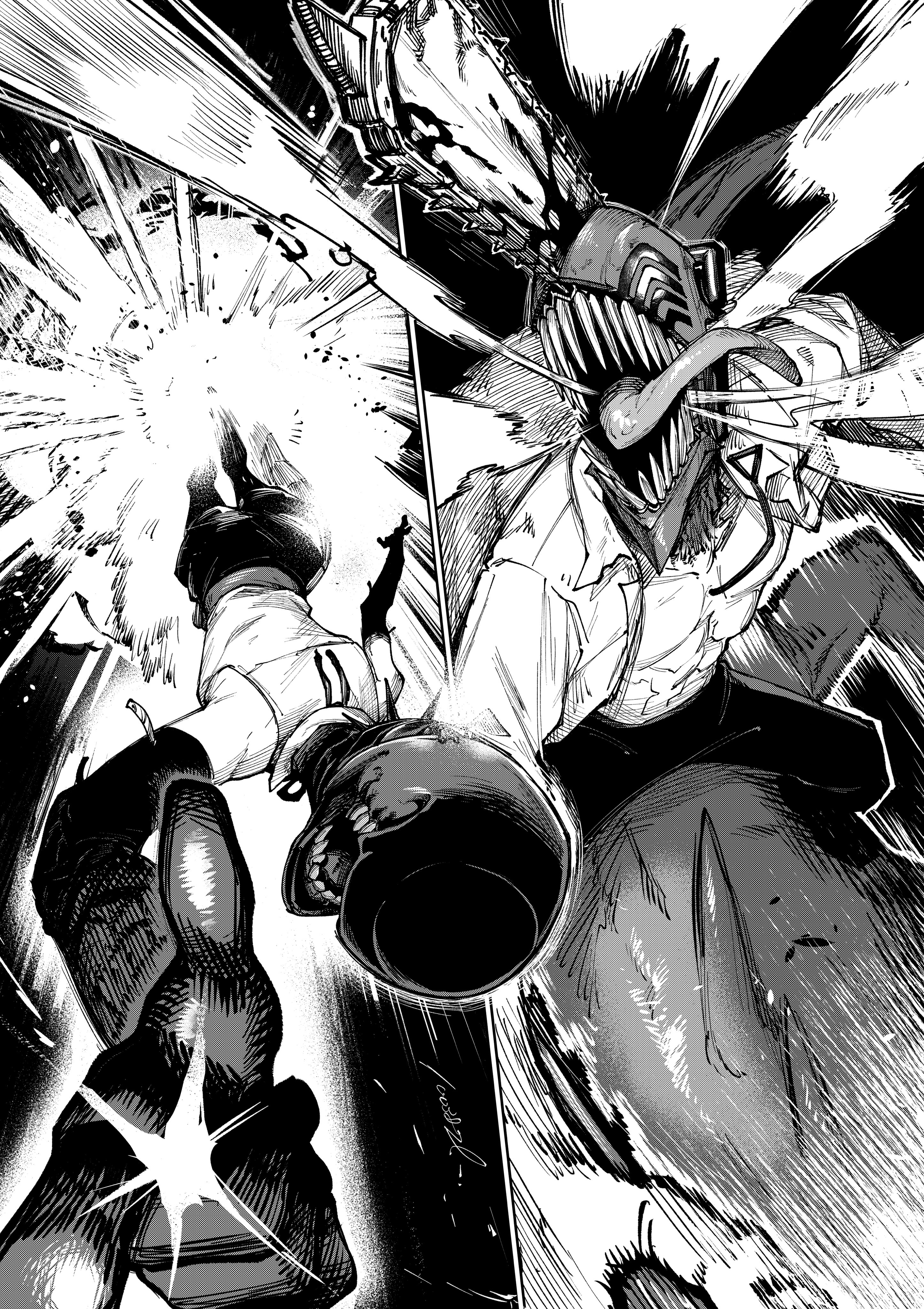 100387l, bomb devil (chainsaw man), denji (chainsaw man), reze (chainsaw man), chainsaw man, absurdres, commentary request, highres, 1boy, 1girl, battle, chainsaw, elbow gloves, foreshortening, gloves, greyscale, monochrome, object head, open mouth, pants, pull cord, riding, riding shark, shark, shark devil (chainsaw man), sharp teeth, shirt, sleeveless, sleeveless shirt, teeth, tongue, tongue out
