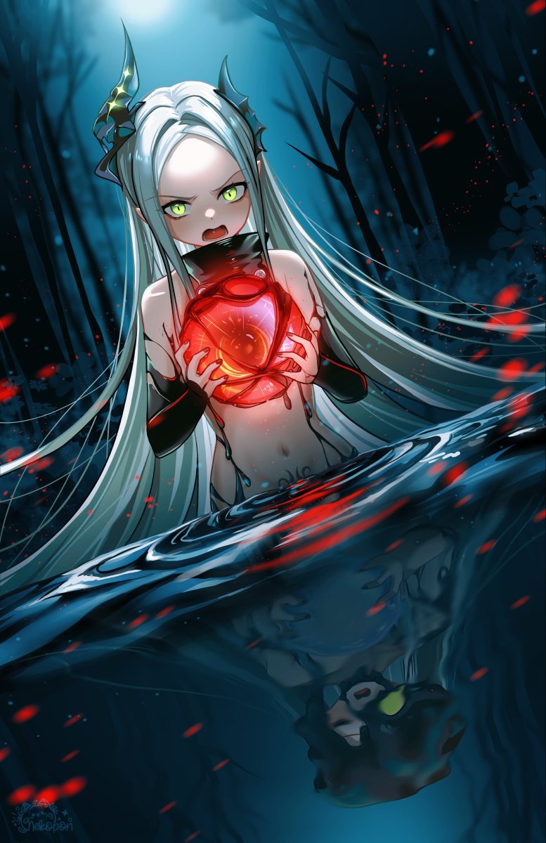 nekoponart, leviathan (nikke), goddess of victory: nikke, highres, 1girl, bare shoulders, black horns, black liquid, black nails, fangs, forehead, green eyes, grey hair, horns, long hair, navel, piercing, pointy ears, pubic tattoo, reflection, tattoo, tongue piercing