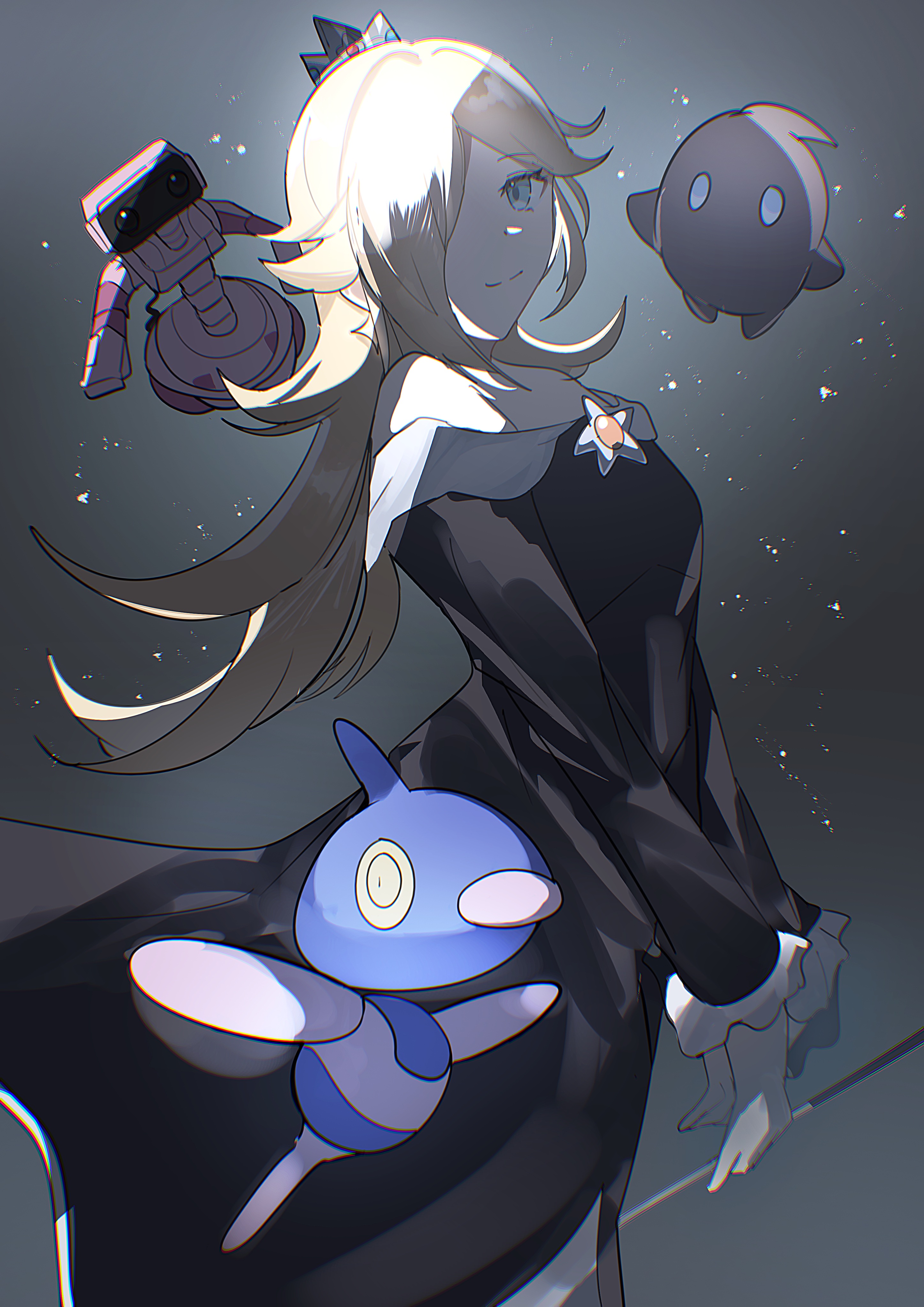 yoka (103xp), family computer robot, luma (mario), porygon-z, rosalina, mario (series), nintendo, pokemon, super smash bros., absurdres, highres, 1girl, alternate color, bare shoulders, black dress, blonde hair, breasts, closed mouth, colored sclera, crown, dress, earrings, floating, gen 4 pokemon, hair over one eye, holding, holding wand, horns, jewelry, long hair, long sleeves, looking at viewer, off-shoulder dress, off shoulder, pokemon (creature), robot, shiny pokemon, silver crown, single horn, smile, star wand, wand, yellow eyes, yellow sclera