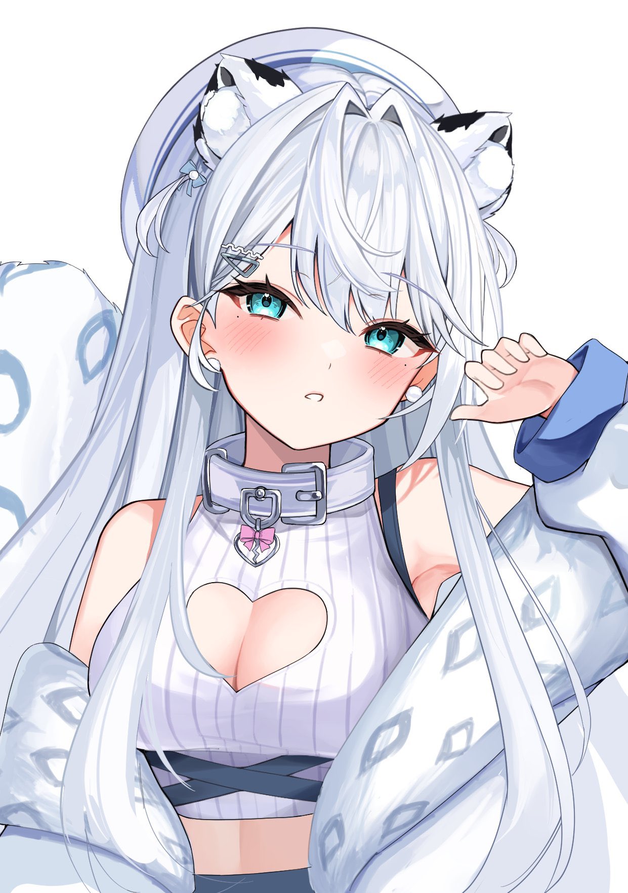 ren kohaku (vtuber), indie virtual youtuber, artist request, highres, second-party source, 1girl, animal ear fluff, armpits, bare shoulders, blue eyes, blush, bra strap, breasts, cleavage, cleavage cutout, clothing cutout, collar, crop top, extra ears, fur trim, hair intakes, hair ornament, hairclip, hand up, hat, heart, heart cutout, jacket, large breasts, long hair, long sleeves, looking at viewer, midriff, mole, mole under eye, off shoulder, parted lips, ribbed shirt, shirt, simple background, sleeveless, sleeveless shirt, snow leopard ears, snow leopard girl, snow leopard tail, solo, upper body, virtual youtuber, white background, white collar, white hair, white hat, white jacket, white shirt