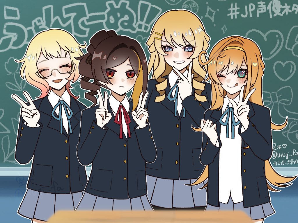 utugi fa, akiyama mio, chiori (genshin impact), emilie (genshin impact), escoffier (genshin impact), hirasawa yui, nakano azusa, navia (genshin impact), tainaka ritsu, genshin impact, k-on!, 4girls, :d, ;q, akiyama mio (cosplay), alternate costume, blazer, blonde hair, blue eyes, blue ribbon, blush, brown hair, chalkboard, closed eyes, closed mouth, collared shirt, cosplay, cowboy shot, double v, drill hair, glasses, green eyes, grey skirt, grin, hair ornament, hairband, hairclip, heart, hirasawa yui (cosplay), jacket, long hair, long sleeves, looking at viewer, medium hair, multicolored hair, multiple girls, nakano azusa (cosplay), neck ribbon, one eye closed, open mouth, orange hair, outline, pleated skirt, red eyes, red ribbon, ribbon, sakuragaoka high school uniform, school uniform, semi-rimless eyewear, shirt, skirt, smile, streaked hair, tainaka ritsu (cosplay), tongue, tongue out, twitter username, v, white outline, white shirt, yellow hairband
