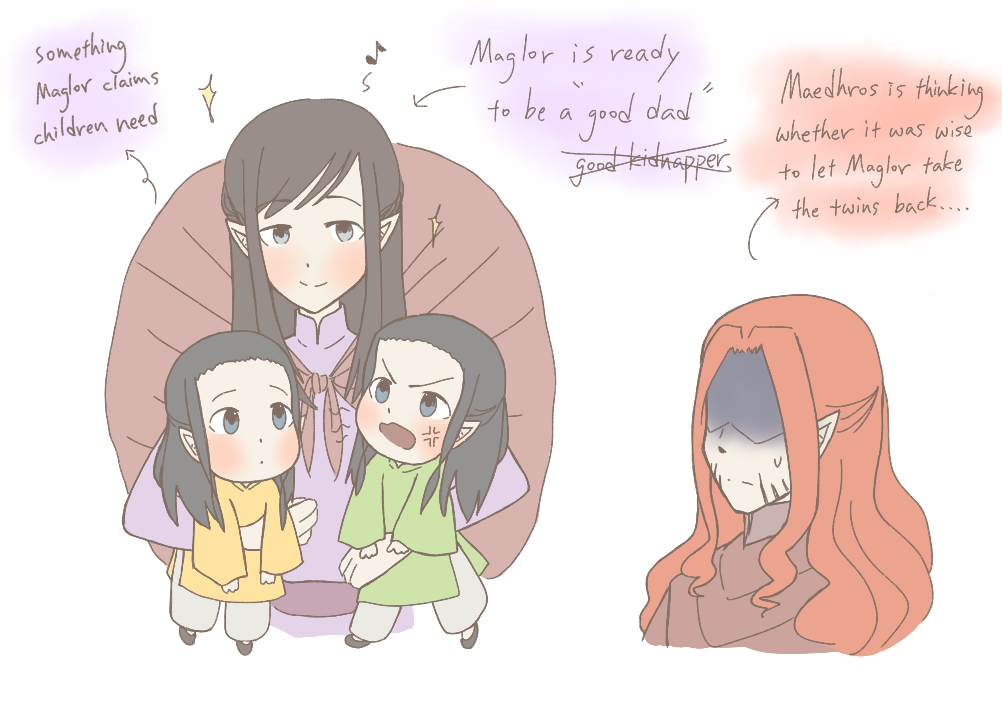 pujojoi, elrond, elros, maedhros, maglor, the silmarillion, tolkien's legendarium, 4boys, age difference, anger vein, arrow (symbol), black hair, braid, brothers, carrying, carrying person, character name, closed mouth, elf, english text, hidden eyes, light smile, long hair, looking at another, looking at viewer, male focus, multiple boys, multiple scars, musical note, open mouth, pointy ears, red hair, scar, scar on face, siblings, step-parent and step-child, sweat, sweatdrop, twins, upper body
