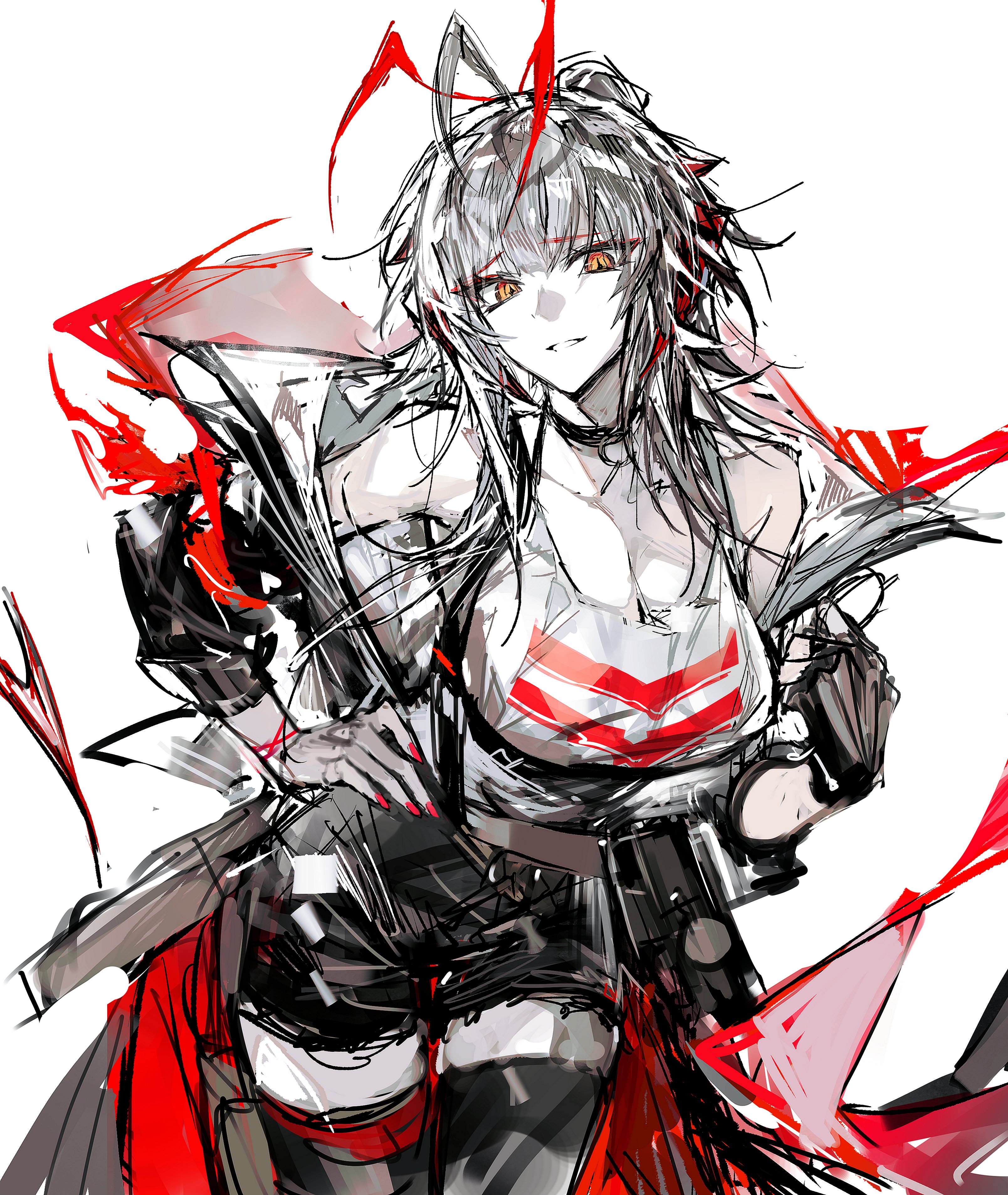 remsrar, w (arknights), arknights, absurdres, highres, 1girl, antenna hair, black gloves, collar, gloves, looking at viewer, over-kneehighs, red nails, simple background, slit pupils, solo, thighhighs, w (act ii) (arknights), white background, yellow eyes