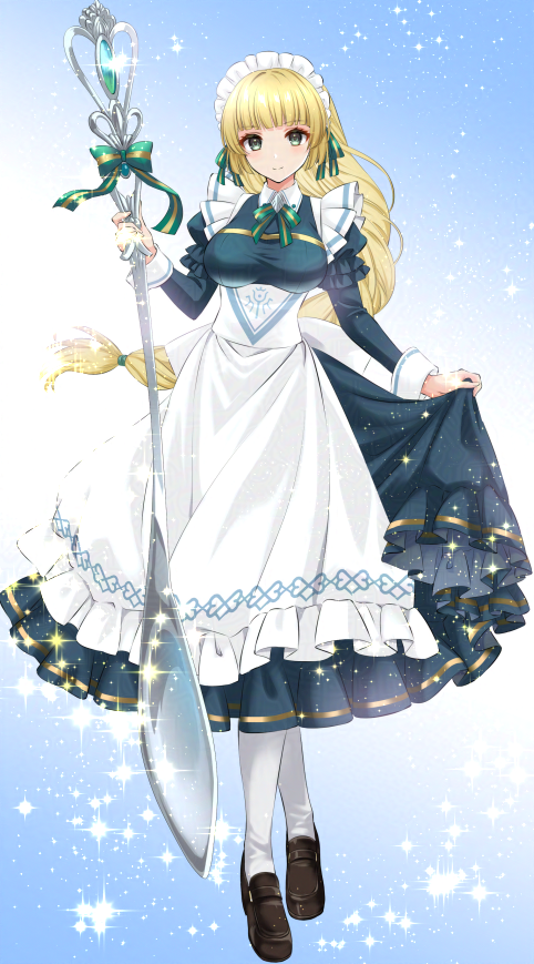 kakiko210, ingrid brandl galatea, ingrid brandl galatea (cordial teatime), fire emblem, fire emblem: three houses, fire emblem heroes, nintendo, 1girl, apron, blonde hair, blue dress, blush, bow, breasts, closed mouth, dress, full body, giant spoon, green eyes, headdress, holding, holding spoon, large breasts, long hair, long sleeves, maid, maid apron, maid headdress, medium breasts, official alternate costume, pantyhose, shoes, smile, solo, spoon, white apron, white pantyhose