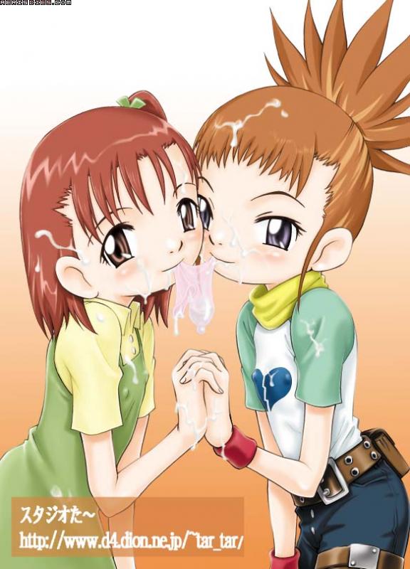 studio tar, katou juri, makino ruki, digimon, digimon tamers, 00s, 2girls, aftersex, belt, blush, brown hair, condom, condom in mouth, covered erect nipples, cum, cum on body, cum on clothes, cum on hair, dress, facial, flat chest, holding hands, loli, mouth hold, multiple girls, pink eyes, ponytail, purple eyes, raglan sleeves, red hair, scarf, side ponytail, smile, used condom, wristband