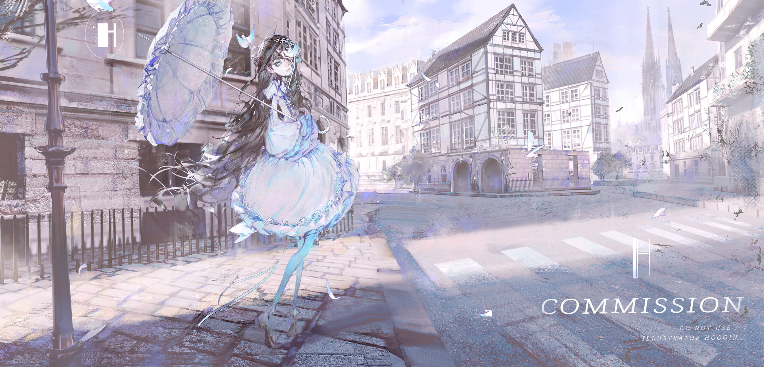 yingfeng862, original, commentary, commission, highres, 1girl, artist name, bird, black hair, blue eyes, building, classic lolita, closed mouth, crosswalk, dress, expressionless, from side, full body, hair over one eye, holding, holding umbrella, house, lolita fashion, long hair, looking back, outdoors, shadow, solo, standing, tower, umbrella, white dress, white umbrella