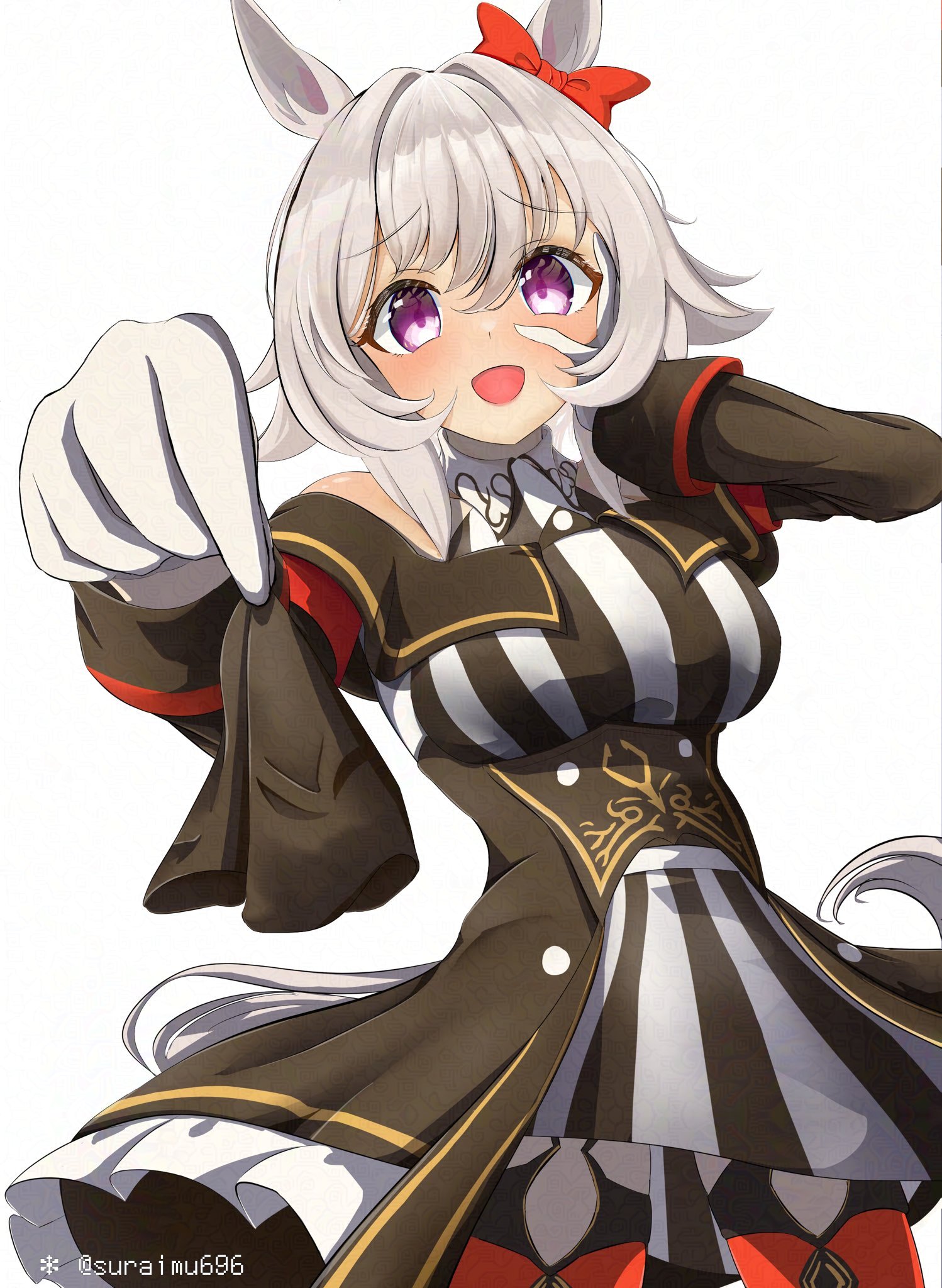 suraimu696, curren chan (fille eclair) (umamusume), curren chan (umamusume), umamusume, highres, 1girl, animal ears, bare shoulders, black dress, blush, bow, breasts, coat, dress, ear bow, ear covers, garter straps, gloves, grey hair, hair between eyes, hand on own face, handkerchief, holding, holding handkerchief, horse ears, horse girl, horse tail, large breasts, long sleeves, looking at viewer, off-shoulder coat, off-shoulder dress, off-shoulder jacket, off shoulder, open mouth, purple eyes, red bow, red thighhighs, short hair, simple background, smile, solo, striped clothes, striped dress, tail, thighhighs, vertical-striped clothes, vertical-striped dress, white dress, white gloves
