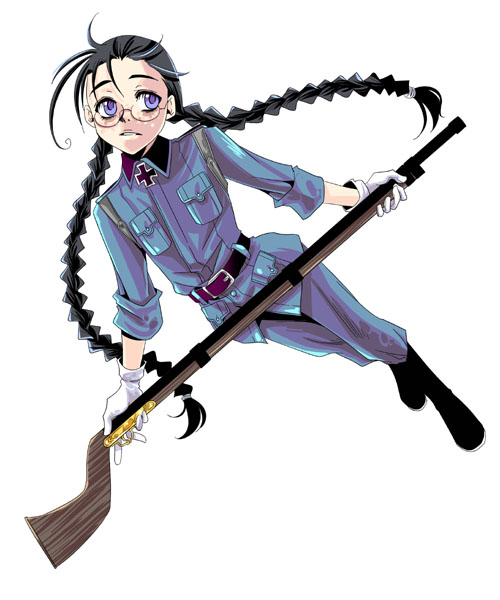 rip van winkle (hellsing), hellsing, uniform, ahoge, black hair, blue eyes, braid, freckles, glasses, gun, simple background, solo, twin braids, weapon