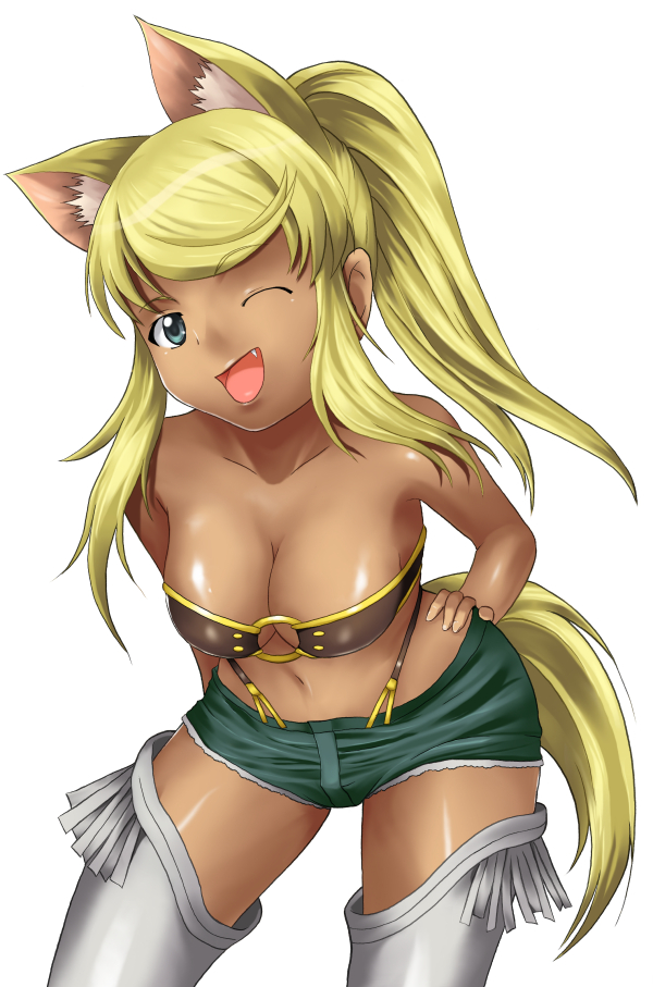 yuuki1103, liru, renkin san-kyuu magical pokaan, 1girl, animal ears, belt bra, blonde hair, blue eyes, breasts, cleavage, dark-skinned female, dark skin, denim, denim shorts, extra ears, fang, female focus, large breasts, ponytail, shorts, solo, tail, thighhighs, wolf ears, wolf tail