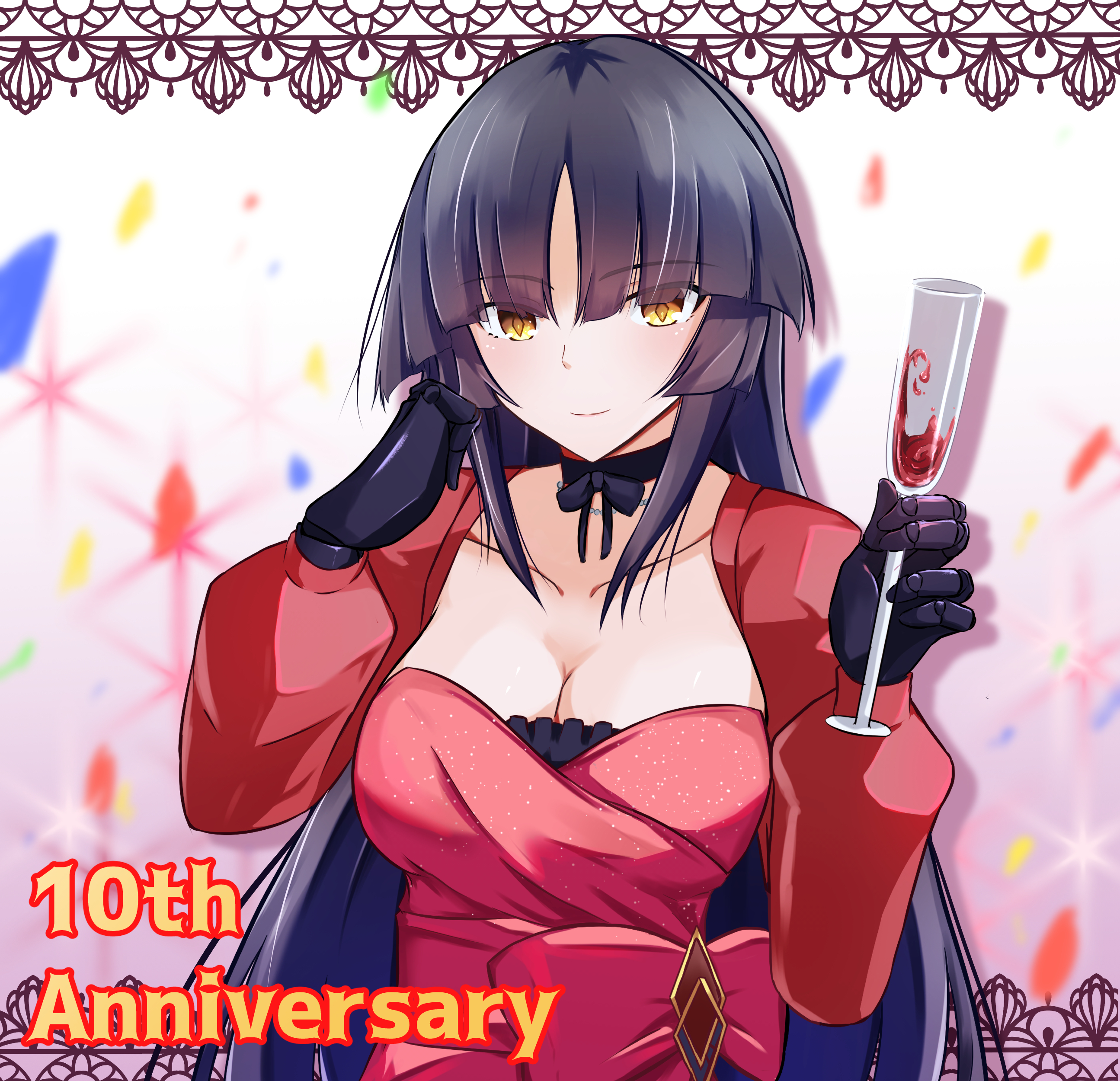 littlesnow33, katou danzou (celebratory attire) (fate), katou danzou (fate), fate/grand order, fate (series), absurdres, highres, 1girl, anniversary, black hair, breasts, cleavage, collarbone, cup, dress, drinking glass, jewelry, long hair, looking at viewer, mechanical hands, medium breasts, pink dress, solo, wine glass