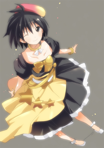 kikuchi makoto, idolmaster, idolmaster (classic), idolmaster 1, live for venus, 00s, antenna hair, dress, one eye closed, solo, wink