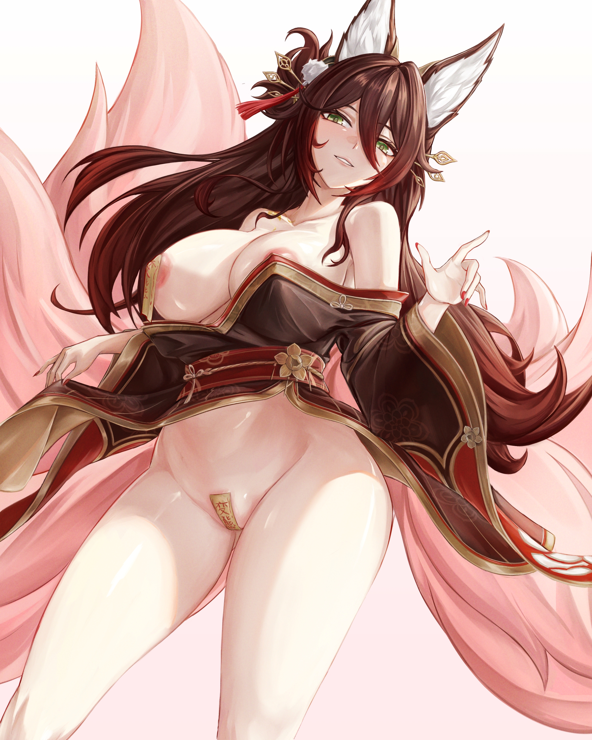 mikasciii, fugue (honkai: star rail), tingyun (honkai: star rail), honkai: star rail, honkai (series), absurdres, commentary, english commentary, highres, 1girl, animal ears, areola slip, breasts, brown dress, brown hair, china dress, chinese clothes, covering crotch, covering privates, dress, fox ears, fox girl, green eyes, kitsune, kyuubi, large breasts, long hair, multiple tails, ofuda, simple background, smile, solo, tail, thighs, very long hair, white background