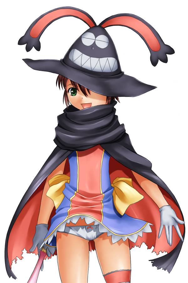 yuuki1103, yuuma (magipoka), renkin san-kyuu magical pokaan, animal ears, brown hair, cape, frilled thigh strap, green eyes, hat, panties, pantyshot, short hair, solo, thigh strap, thighhighs, underwear, witch hat