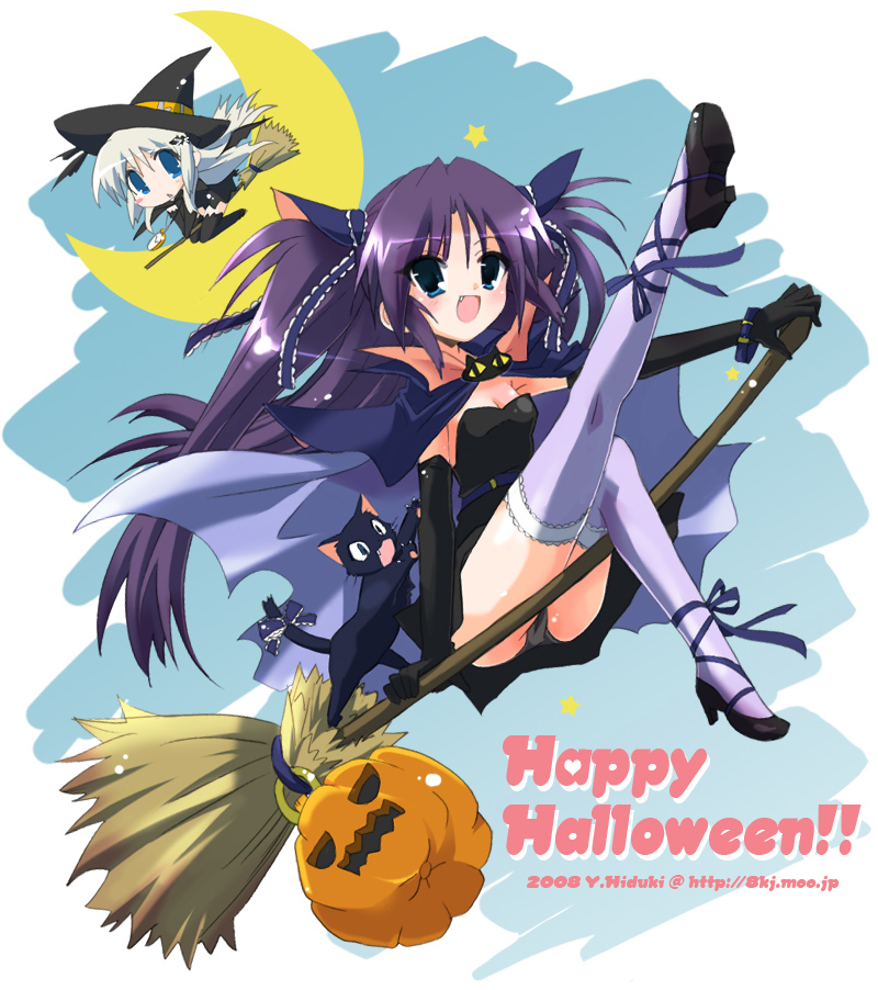 hizuki yayoi, noumi kudryavka, sasasegawa sasami, sasasegawa sasami (cat), little busters!, 00s, 2008, 2girls, artist name, black panties, broom, broom riding, cat, dual persona, halloween, happy halloween, jack-o'-lantern, multiple girls, panties, pantyshot, pumpkin, sidesaddle, thighhighs, underwear, watermark, web address, witch