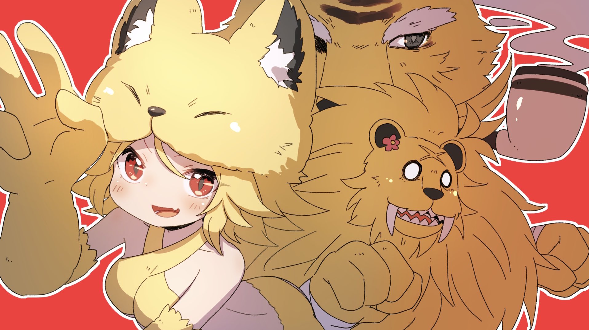 bandam, eddga, moonlight flower, ragnarok online, ragnarok origin, commentary request, highres, 1girl, animal hands, blonde hair, bra, breasts, chimera (ragnarok online), criss-cross halter, fang, fox girl, fox hat, halterneck, lion, looking at viewer, medium breasts, open mouth, red background, red eyes, short hair, simple background, skin fang, smile, smoking pipe, tiger, underwear, upper body, yellow bra