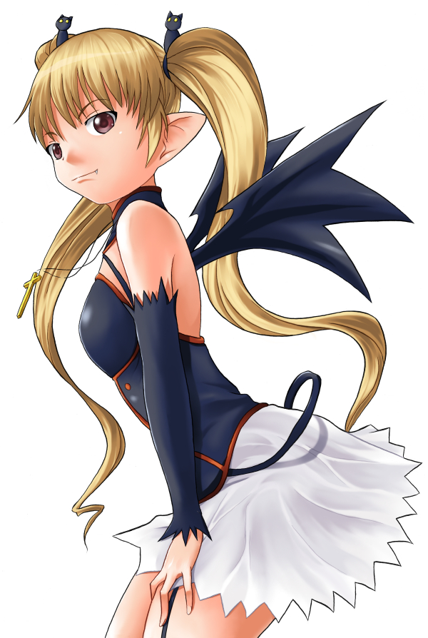 yuuki1103, pachira, renkin san-kyuu magical pokaan, blonde hair, brown eyes, detached sleeves, fang, jewelry, long hair, necklace, pointy ears, skirt, solo, twintails, wings
