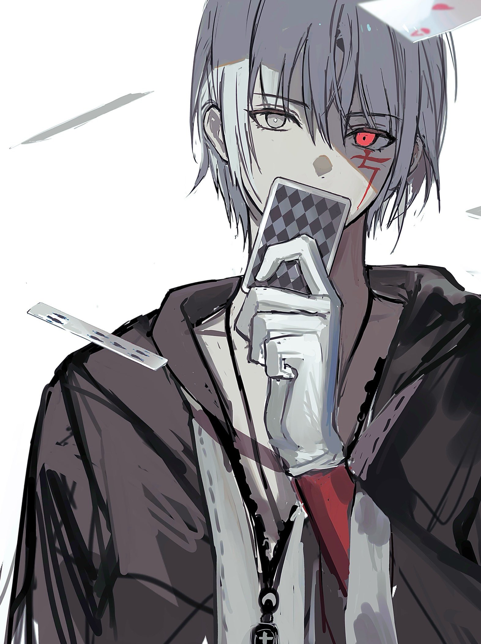 shachi ark, allen walker, d.gray-man, highres, 1boy, black jacket, card, colored extremities, colored skin, covered mouth, facial mark, floating card, front zipper, gloves, grey eyes, hair between eyes, heterochromia, holding, holding card, hood, hood down, hooded jacket, jacket, jewelry, looking at viewer, male focus, necklace, parted bangs, playing card, red eyes, red skin, scar, scar on face, short hair, sidelocks, simple background, solo, striped clothes, striped jacket, vertical-striped clothes, vertical-striped jacket, white background, white gloves, white hair, wide sleeves, zipper