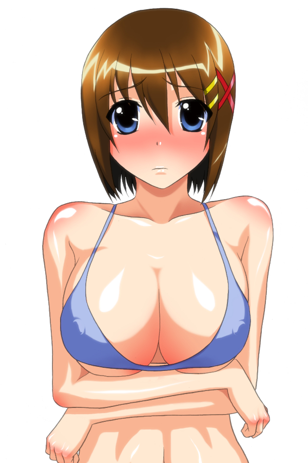 yuuki1103, yagami hayate, lyrical nanoha, mahou shoujo lyrical nanoha, mahou shoujo lyrical nanoha strikers, 00s, 1girl, bikini, bikini top only, blue eyes, blush, breasts, brown hair, cleavage, female focus, hair ornament, huge breasts, purple bikini, short hair, solo, swimsuit, underboob, x hair ornament