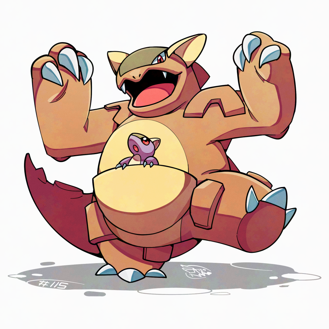 mistray-art, kangaskhan, nintendo, pokemon, :d, full body, gen 1 pokemon, looking at viewer, no humans, open mouth, pokedex number, pokemon (creature), red eyes, smile, standing, standing on one leg, white background