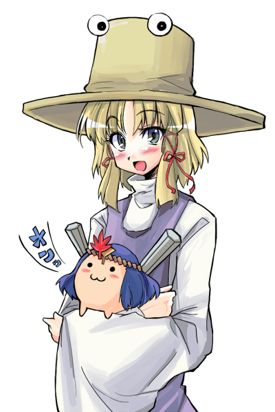sai koro, moriya suwako, yasaka kanako, touhou, 2girls, :3, blonde hair, blue eyes, blush, female focus, hat, multiple girls, rope, simple background, solo, white background
