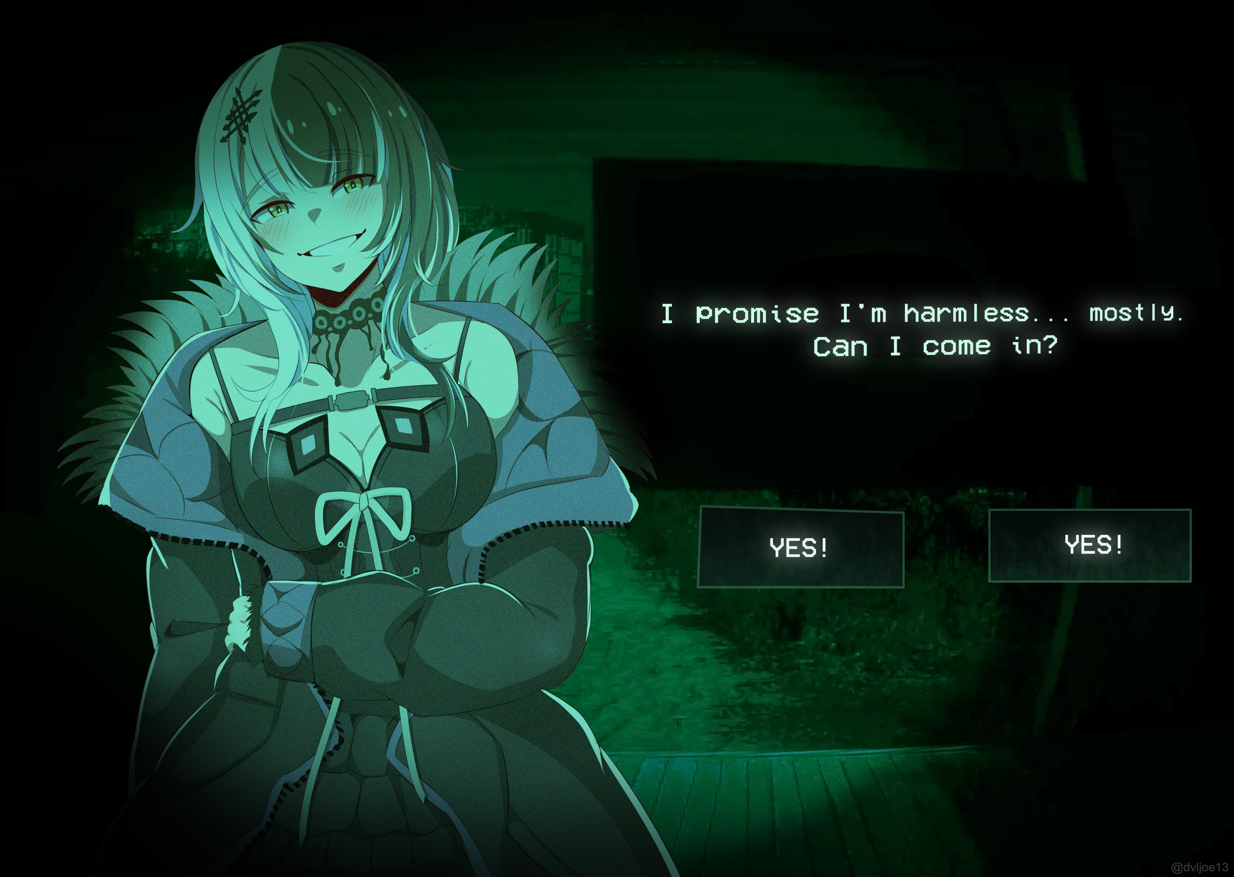 dvljoe, shiori novella, shiori novella (1st costume), hololive, hololive english, absurdres, highres, 1girl, against fourth wall, arm strap, black arm warmers, black choker, black dress, black hair, black nails, breasts, chest belt, choker, cleavage, coat, dialogue box, dialogue options, dress, english text, fur-trimmed coat, fur trim, game screenshot background, gloves, green theme, grey hair, hair ornament, jewelry, lace, lace-trimmed choker, lace choker, lace trim, large breasts, long hair, looking at viewer, multicolored hair, night, night vision, no i'm not a human, outdoors, parody, porch, pov peephole, screenshot background, smile, solo, split-color hair, striped arm warmers, striped clothes, striped gloves, two-tone hair, virtual youtuber, wooden porch, yellow eyes