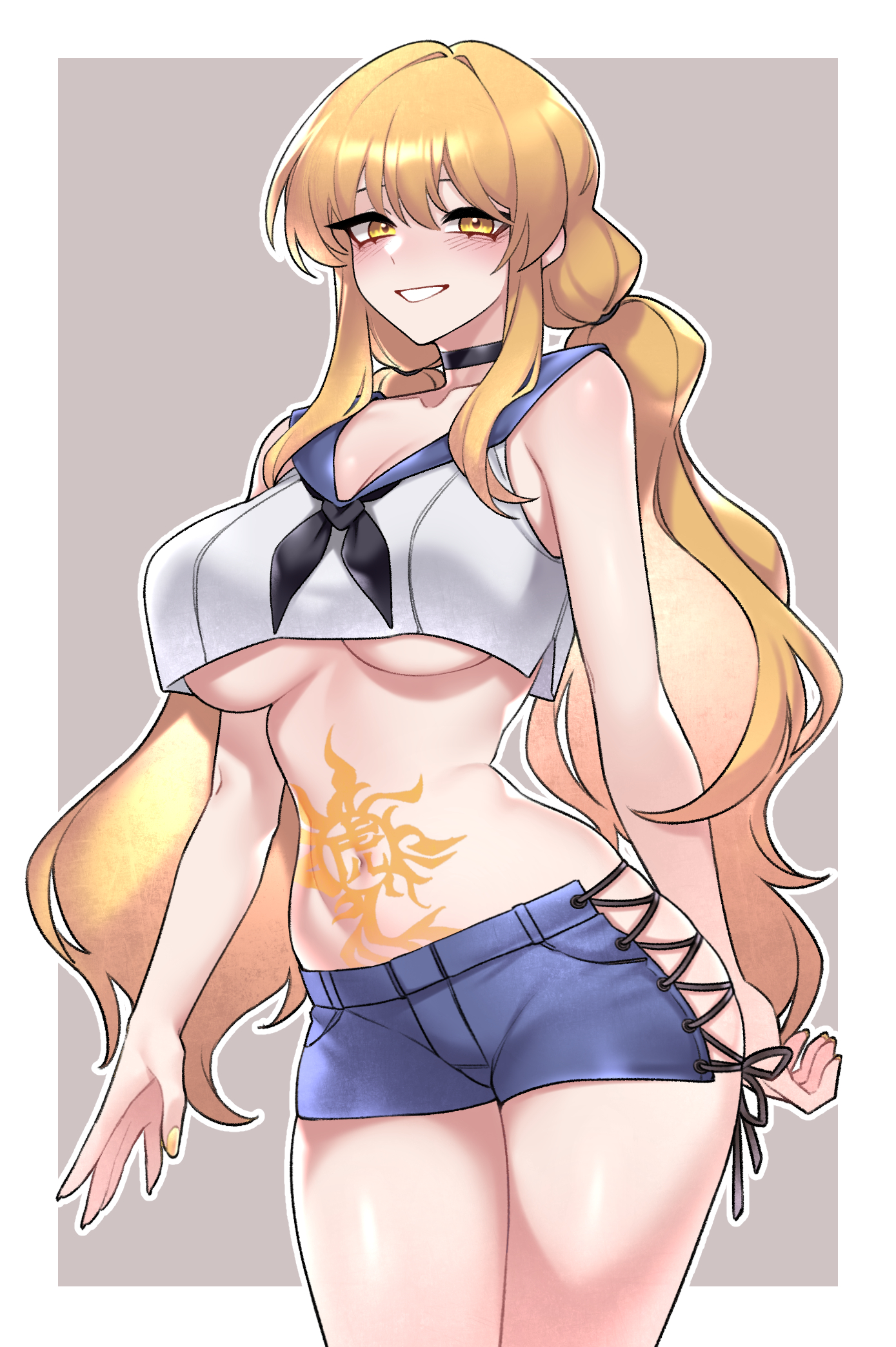 dogs (dlrkdejr26), original, commission, highres, korean commentary, 1girl, bare arms, bare shoulders, black choker, black neckerchief, blonde hair, blue sailor collar, blue shorts, breasts, choker, clothing cutout, cowboy shot, crop top, crop top overhang, grin, hip vent, large breasts, long hair, looking at viewer, low twintails, midriff, nail polish, navel, neckerchief, sailor collar, sailor shirt, shirt, short shorts, shorts, sleeveless, sleeveless shirt, smile, solo, stomach, stomach tattoo, tattoo, thighs, twintails, two-tone background, underboob, very long hair, wavy hair, white shirt, yellow eyes, yellow nails