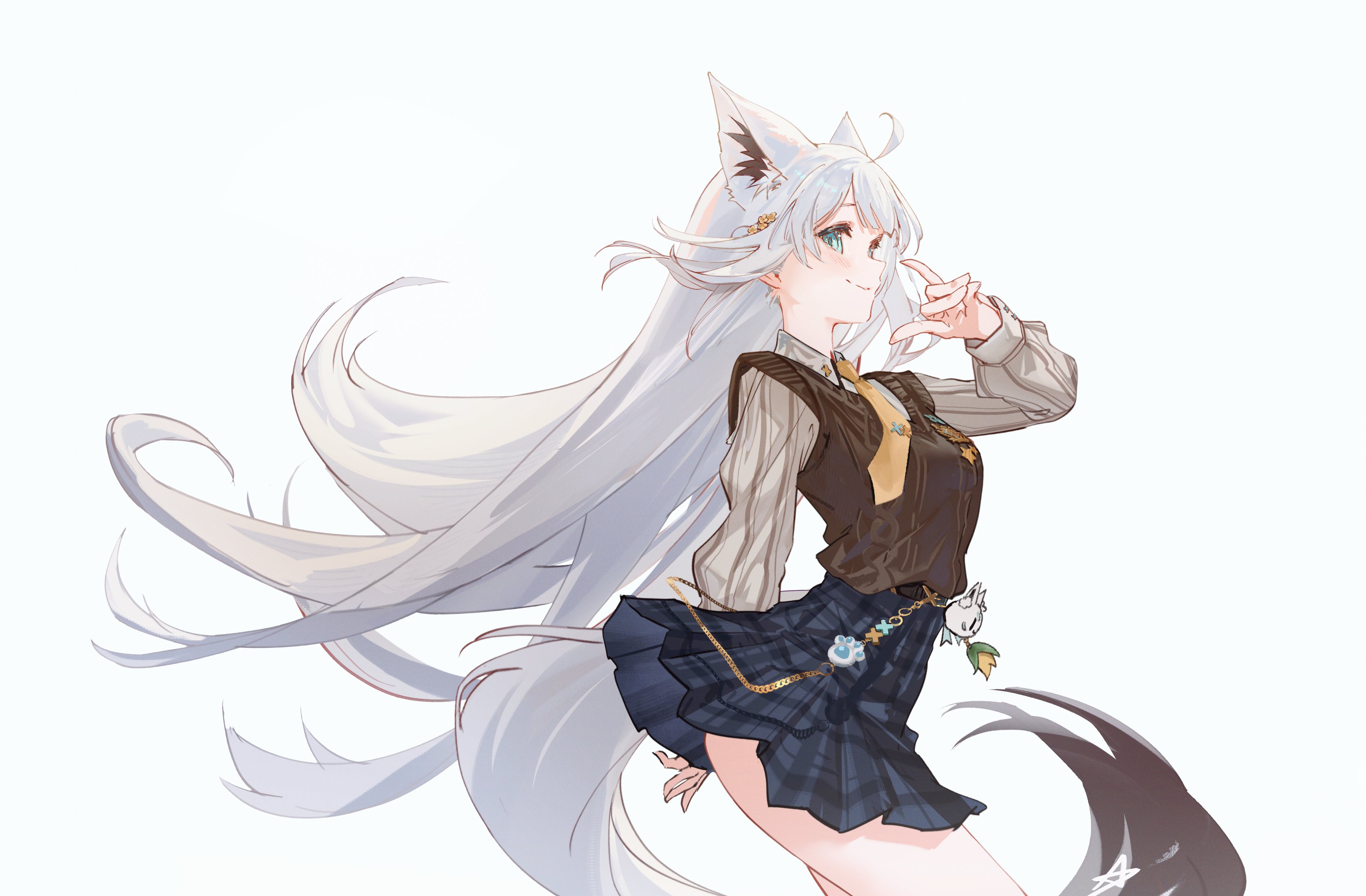 hyde (tabakko), shirakami fubuki, hololive, absurdres, commentary, highres, symbol-only commentary, 1girl, ahoge, animal ear piercing, animal ears, aqua eyes, aran sweater, black skirt, brown vest, cable knit, collared shirt, double-parted bangs, extra ears, fox ears, fox girl, fox shadow puppet, fox tail, from side, grey shirt, hair between eyes, hair ornament, hairclip, hand up, long hair, long sleeves, looking at viewer, miniskirt, multicolored hair, neckerchief, necktie, official alternate costume, pantyhose, plaid clothes, plaid skirt, pleated skirt, puffy long sleeves, puffy sleeves, shirakami fubuki (11th costume), shirt, short necktie, simple background, skirt, smile, solo, streaked hair, sweater, sweater vest, tail, very long hair, vest, virtual youtuber, white hair, yellow eyes