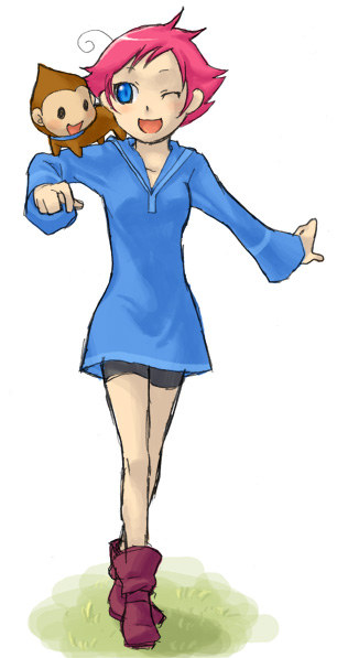 kumatora, salsa (mother), mother (series), mother 3, nintendo, choker, monkey, one eye closed, pink hair, short hair, smile, solo, wink