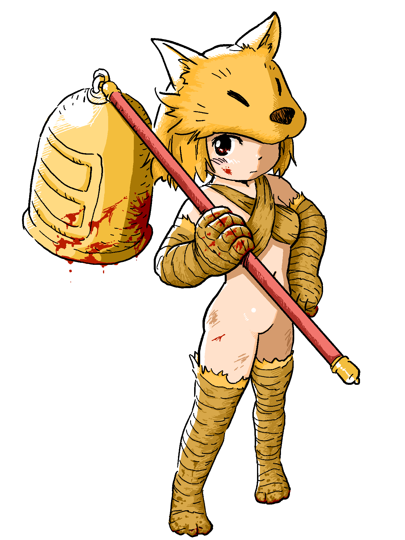 loveremi, tsuzuki kazuhiko, moonlight flower, ragnarok online, colorized, commentary request, highres, 1girl, bandaged arm, bandaged leg, bandages, bell, blood, bloody weapon, bottomless, bra, breasts, closed mouth, criss-cross halter, expressionless, fox girl, fox hat, full body, halterneck, holding, holding staff, looking at viewer, navel, no pussy, red eyes, short hair, simple background, small breasts, solo, staff, underwear, weapon, white background, yellow bra